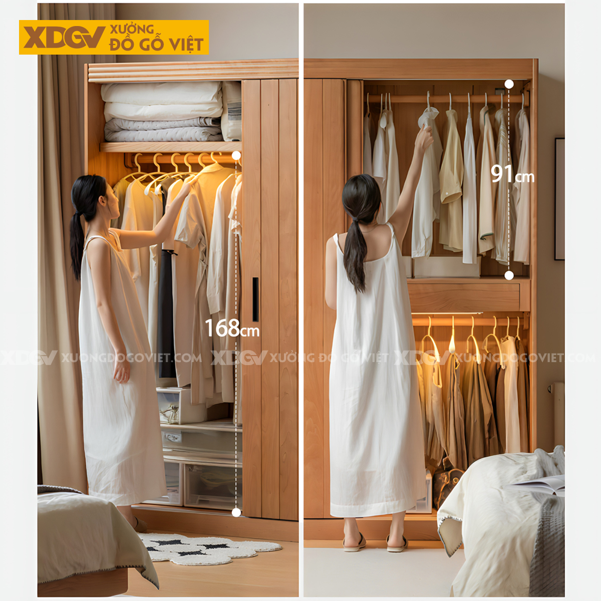 Tủ Áo Gỗ Sồi Tối Giản Cửa Lùa Cánh Thanh Nan Kín Tay Âm
