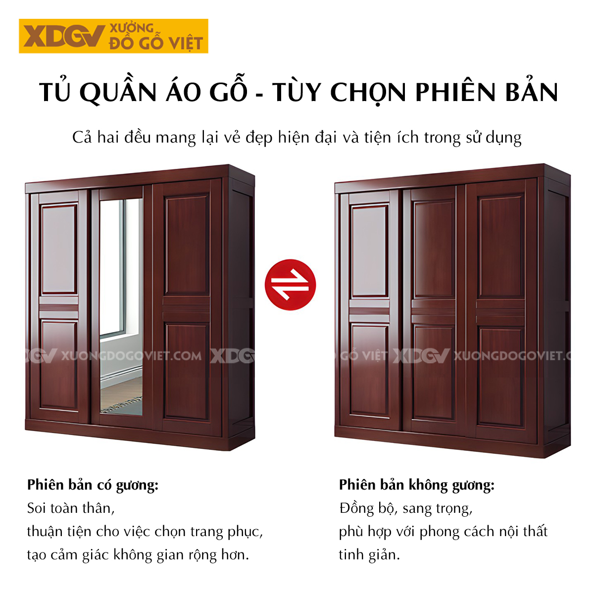 Tủ Áo Gỗ Xoan Đào Hiện Đại Á Đông Cửa Lùa Có Cánh Gương
