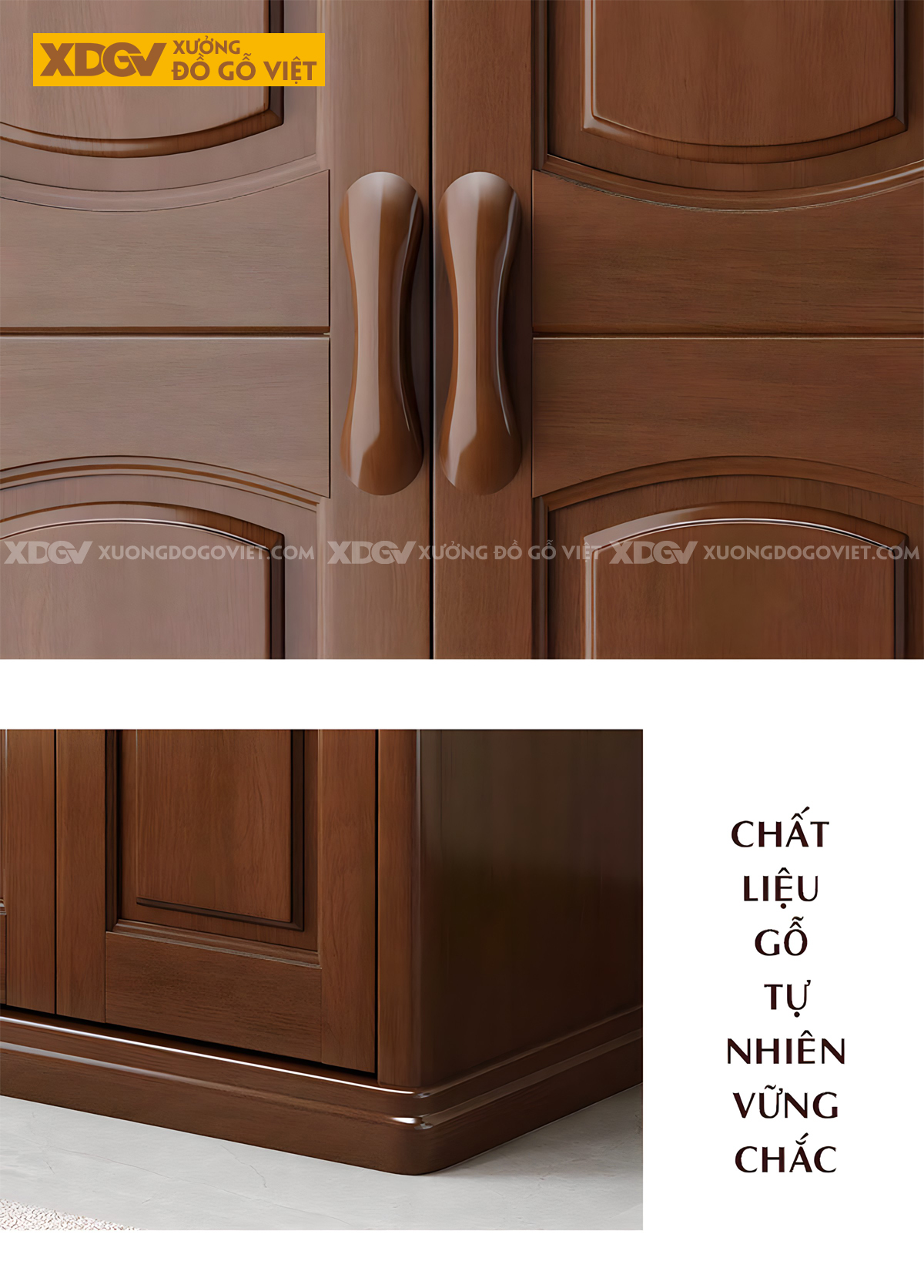 Tủ Áo Gỗ Xoan Đào Tân Cổ Điển Cánh Pano Viền Trên Bo Cong