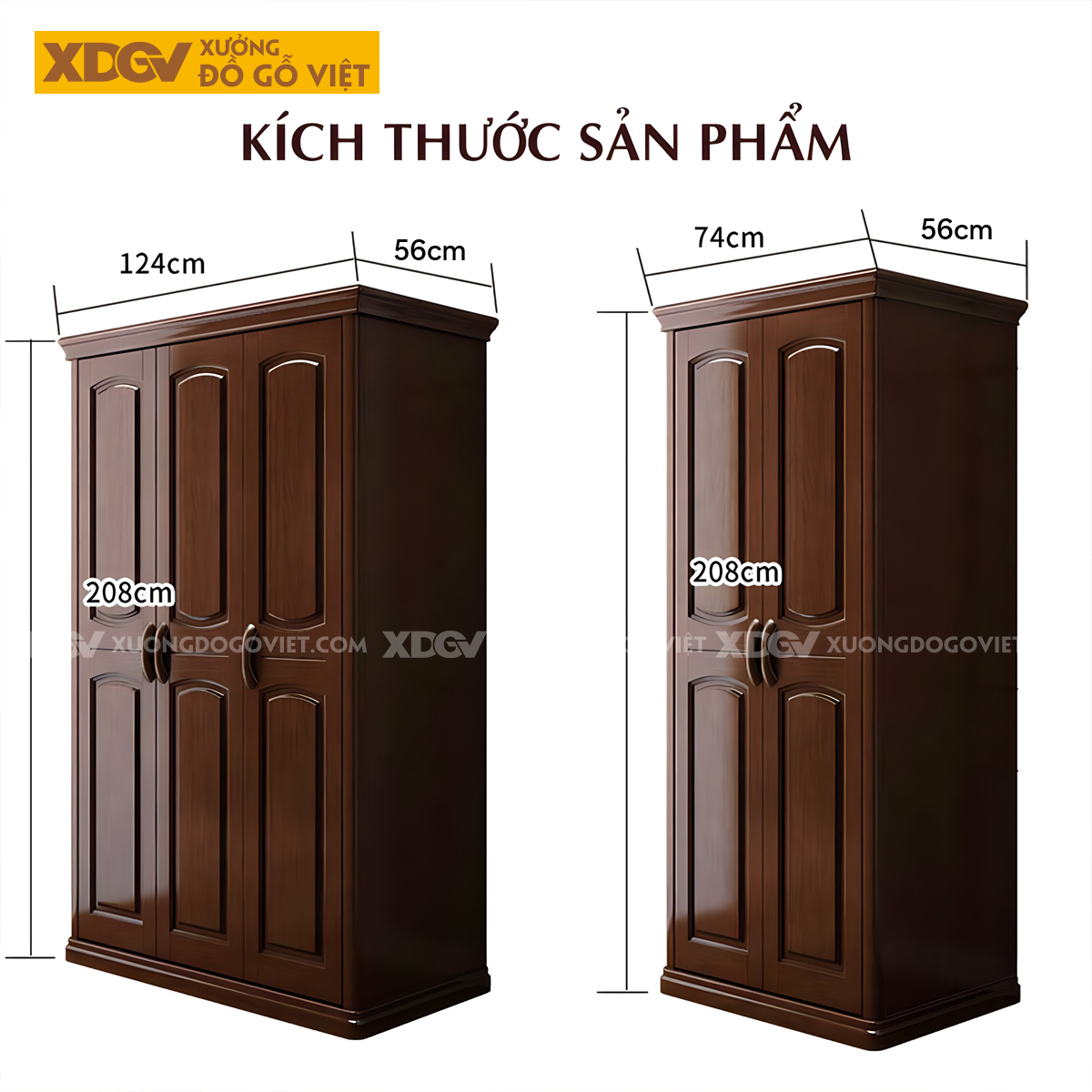 Tủ Áo Gỗ Xoan Đào Tân Cổ Điển Cánh Pano Viền Trên Bo Cong