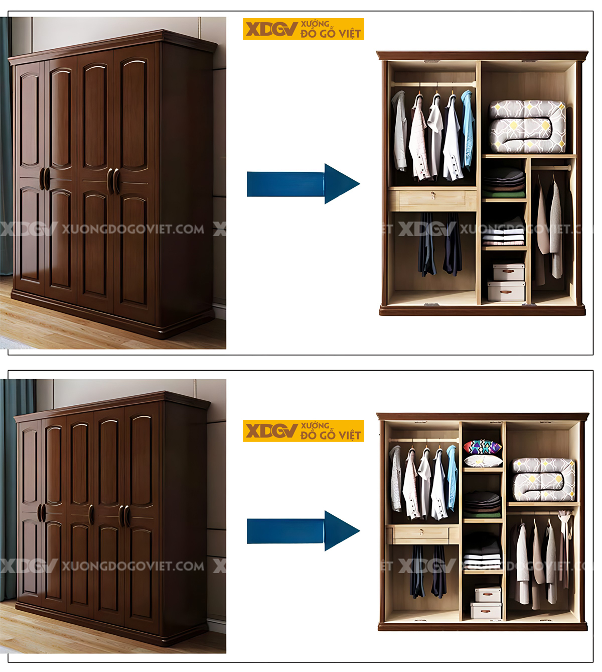 Tủ Áo Gỗ Xoan Đào Tân Cổ Điển Cánh Pano Viền Trên Bo Cong