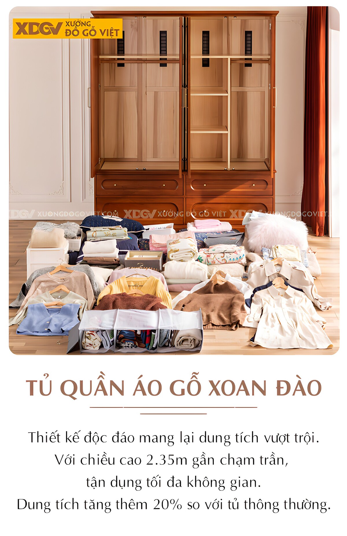 Tủ Áo Gỗ Xoan Đào Tự Nhiên Tân Cổ Điển 4 Cánh Mái Vòng Đẹp