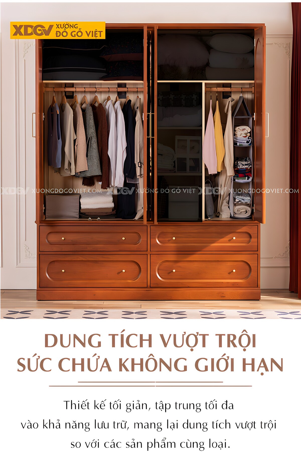Tủ Áo Gỗ Xoan Đào Tự Nhiên Tân Cổ Điển 4 Cánh Mái Vòng Đẹp