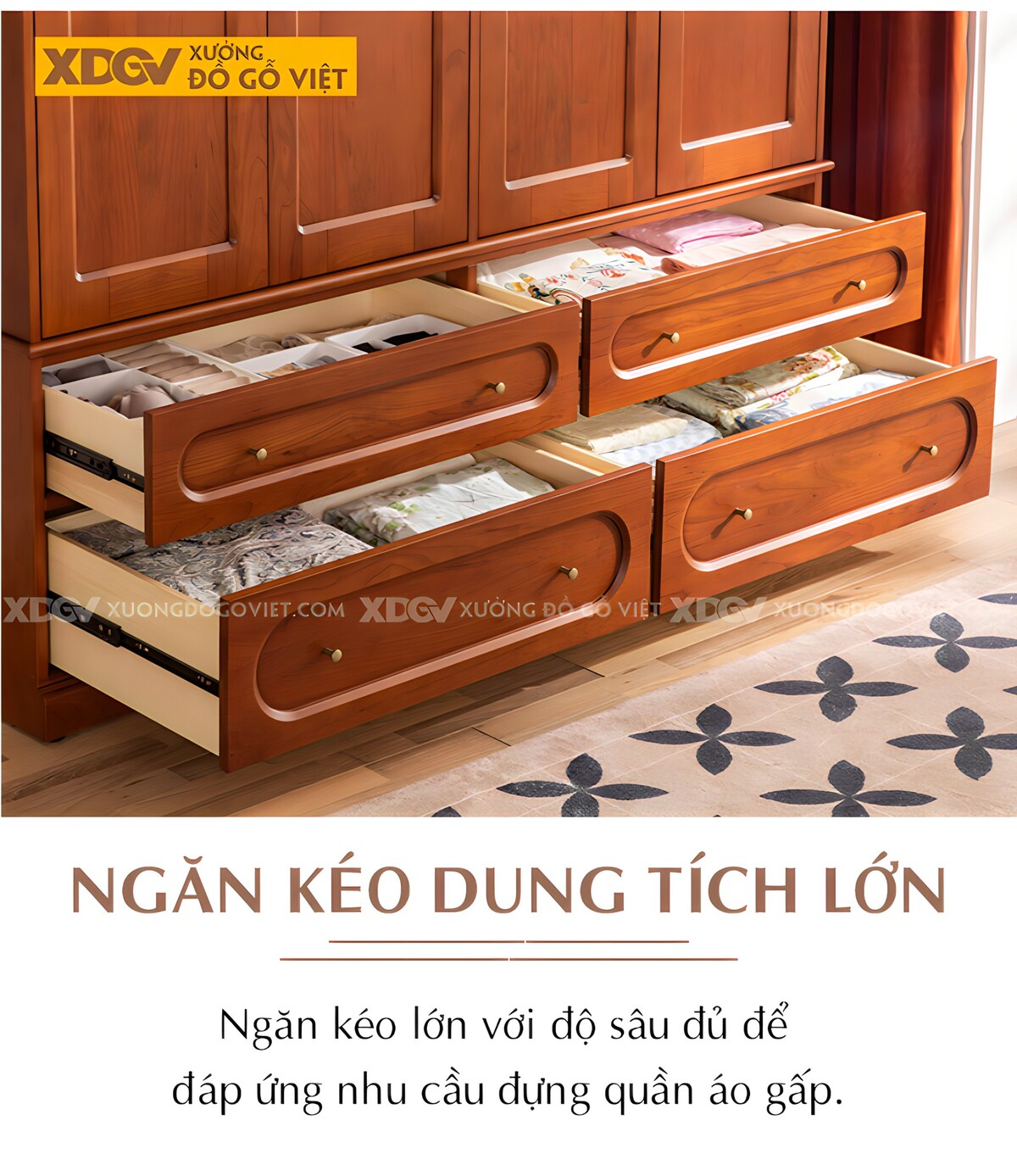 Tủ Áo Gỗ Xoan Đào Tự Nhiên Tân Cổ Điển 4 Cánh Mái Vòng Đẹp