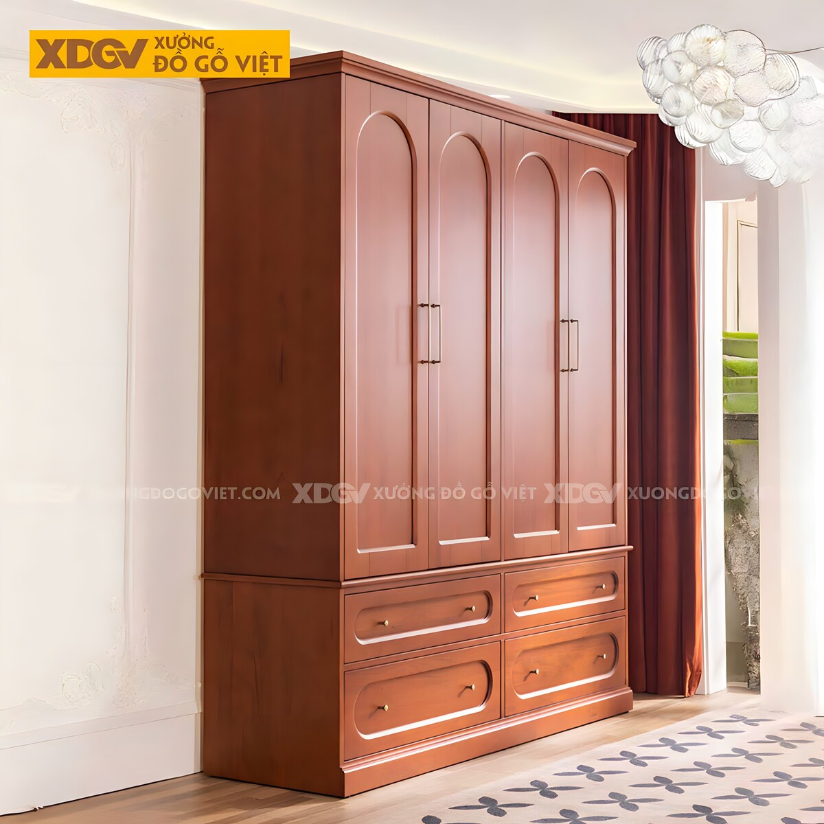 Tủ Áo Gỗ Xoan Đào Tự Nhiên Tân Cổ Điển 4 Cánh Mái Vòng Đẹp