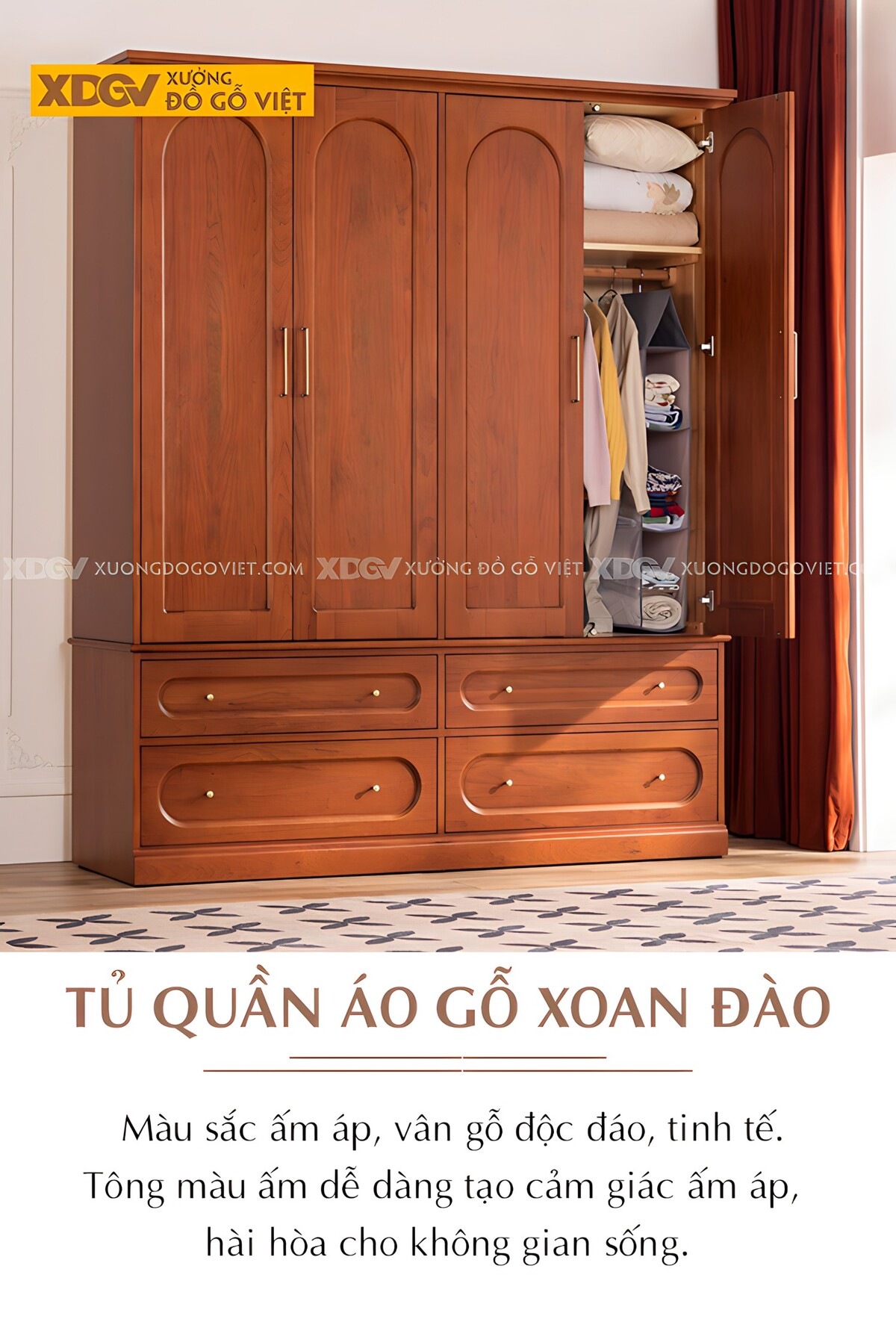 Tủ Áo Gỗ Xoan Đào Tự Nhiên Tân Cổ Điển 4 Cánh Mái Vòng Đẹp
