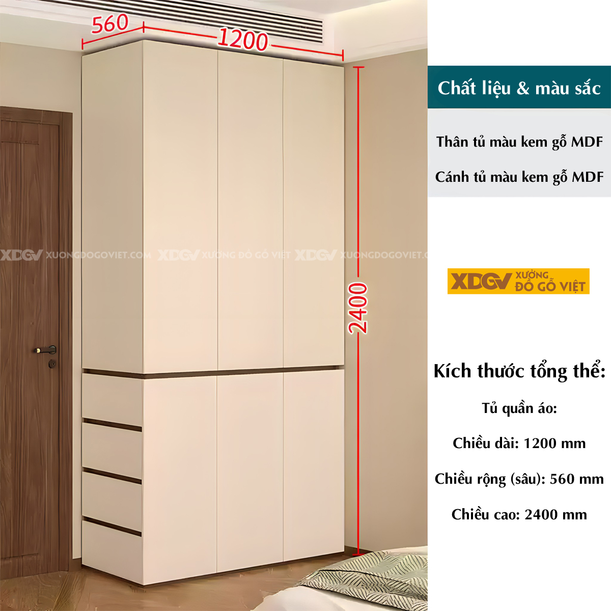 Tủ Áo MDF Màu Trắng Kịch Trần Tay Âm Kết Hợp Kệ Trang Trí