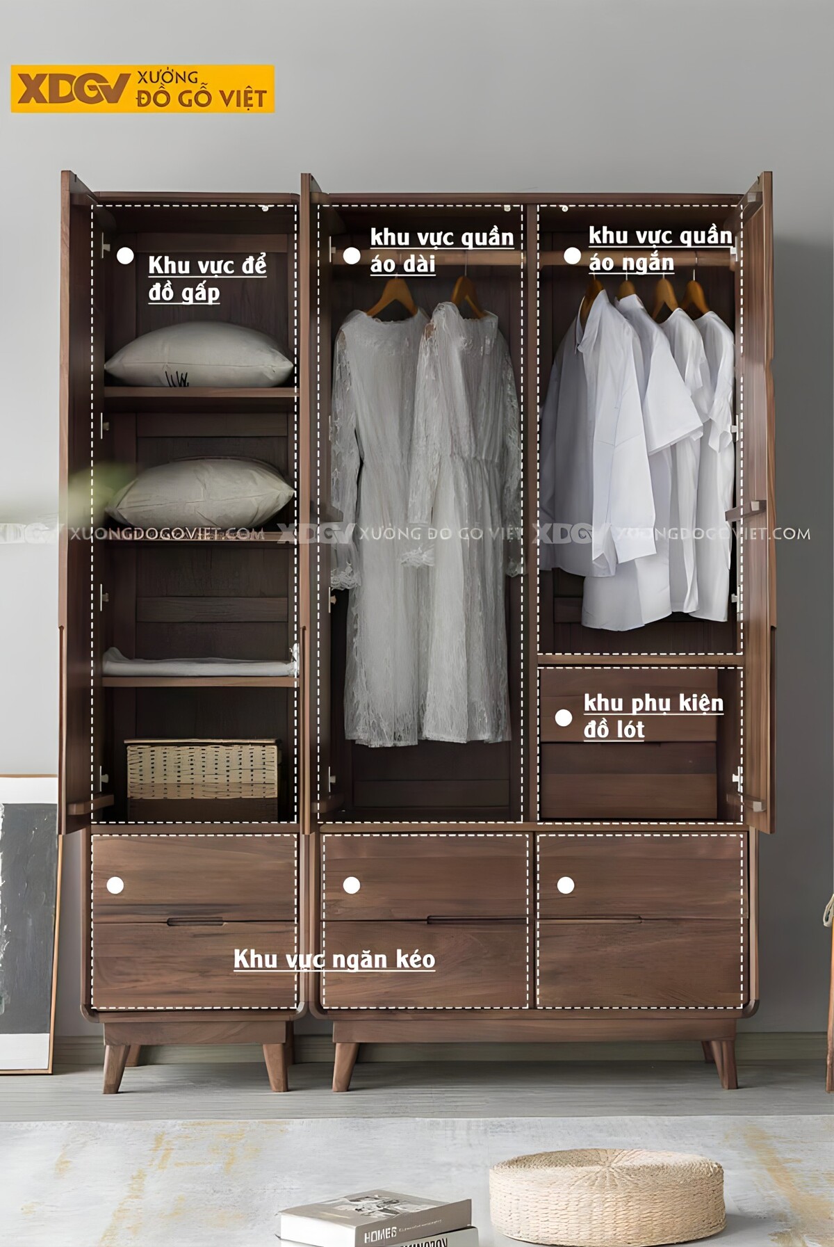 Tủ Áo Quần Đôi Gỗ Óc Chó Thịt Bo Góc Chân Cao Tay Âm Dưới