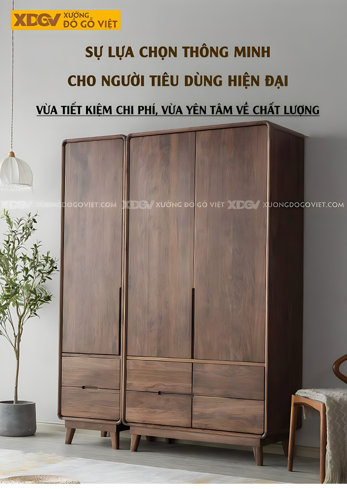 Tủ Áo Quần Đôi Gỗ Óc Chó Thịt Bo Góc Chân Cao Tay Âm Dưới