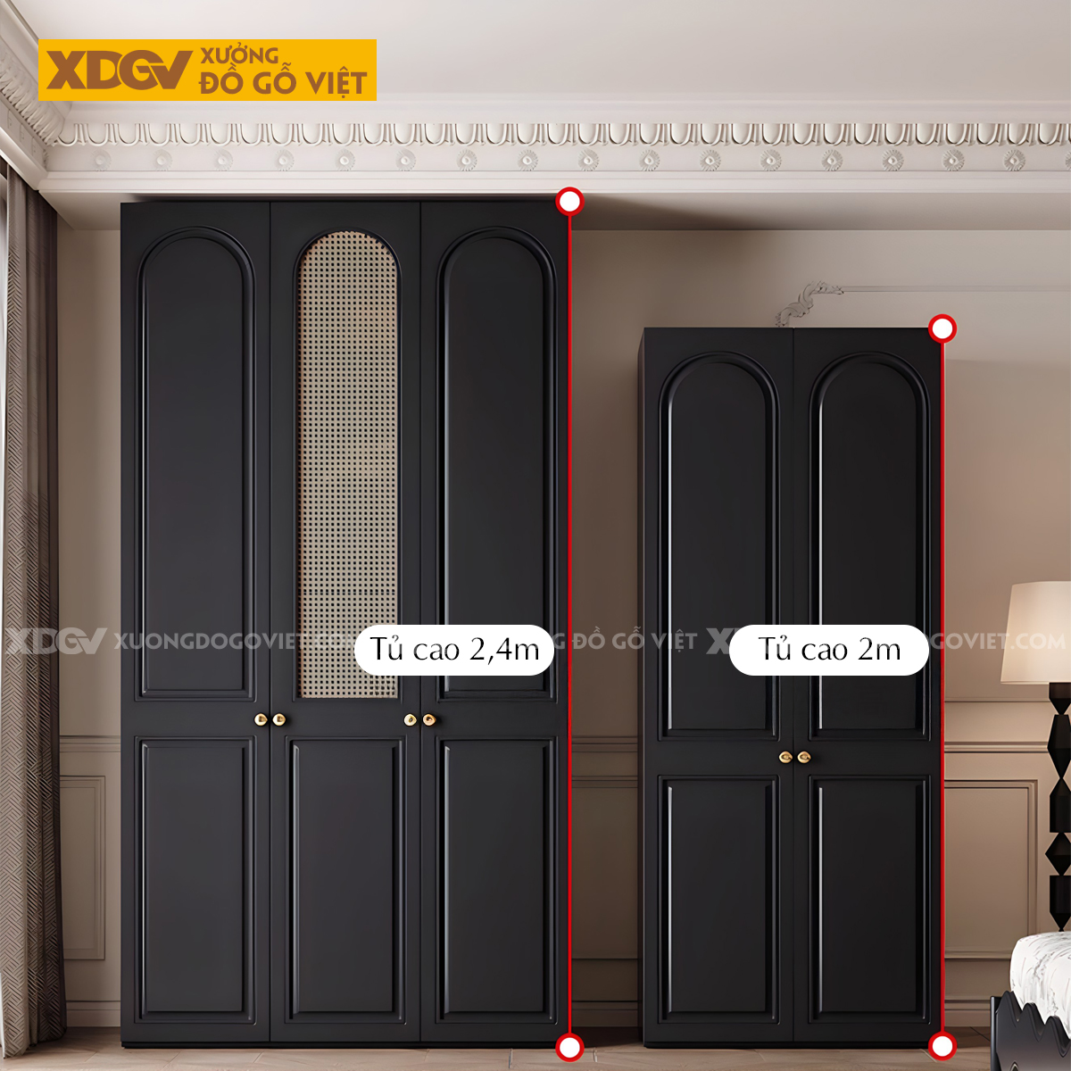 Tủ Áo Quần Gỗ Cao Su Đen Tân Cổ Điển Cánh Mái Vòm Đan Mây