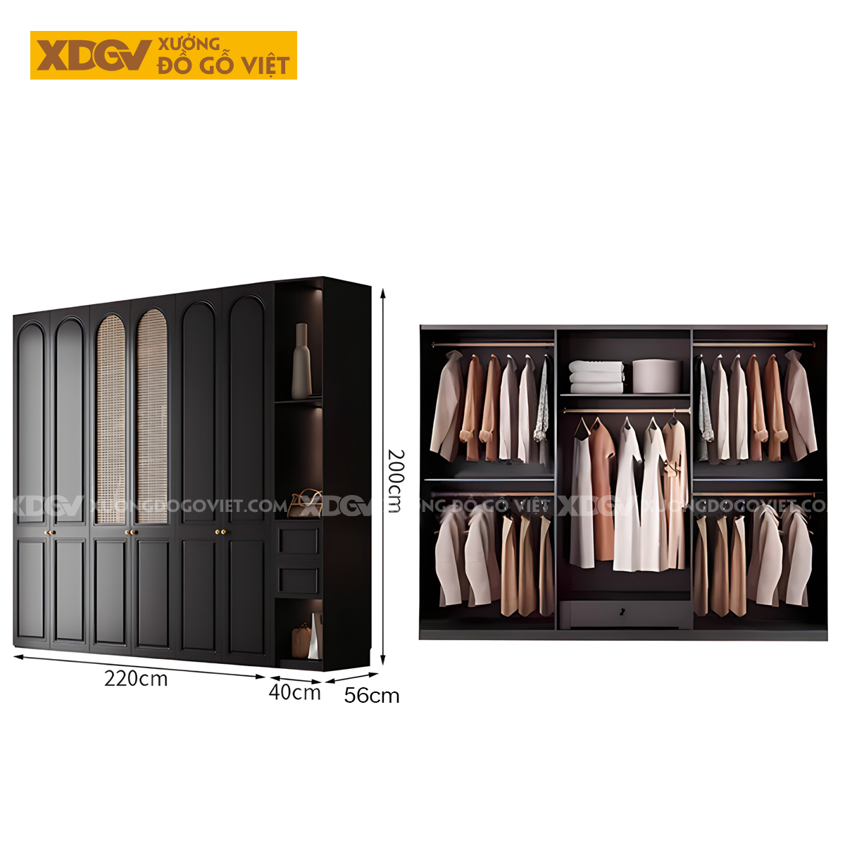 Tủ Áo Quần Gỗ Cao Su Đen Tân Cổ Điển Cánh Mái Vòm Đan Mây