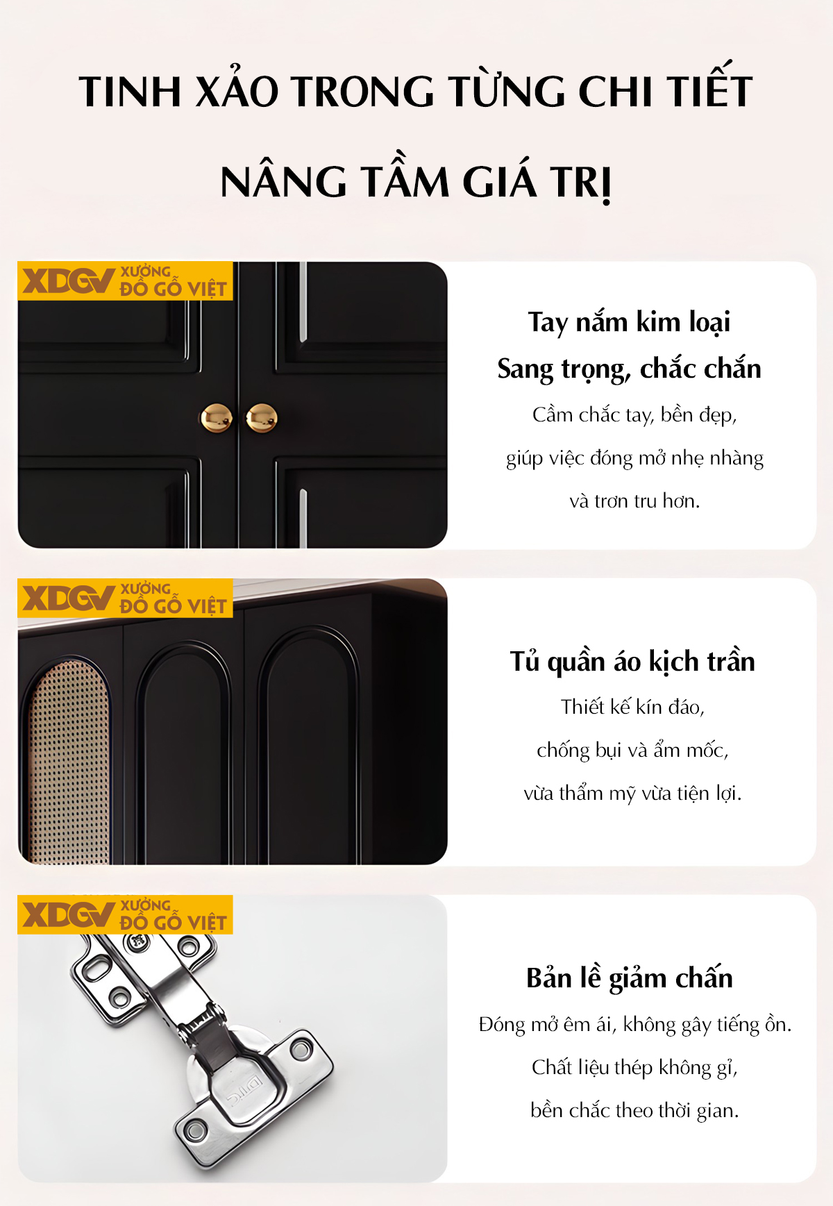 Tủ Áo Quần Gỗ Cao Su Đen Tân Cổ Điển Cánh Mái Vòm Đan Mây