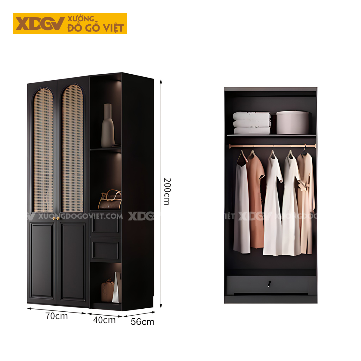 Tủ Áo Quần Gỗ Cao Su Đen Tân Cổ Điển Cánh Mái Vòm Đan Mây