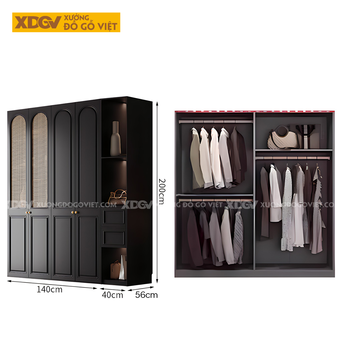 Tủ Áo Quần Gỗ Cao Su Đen Tân Cổ Điển Cánh Mái Vòm Đan Mây