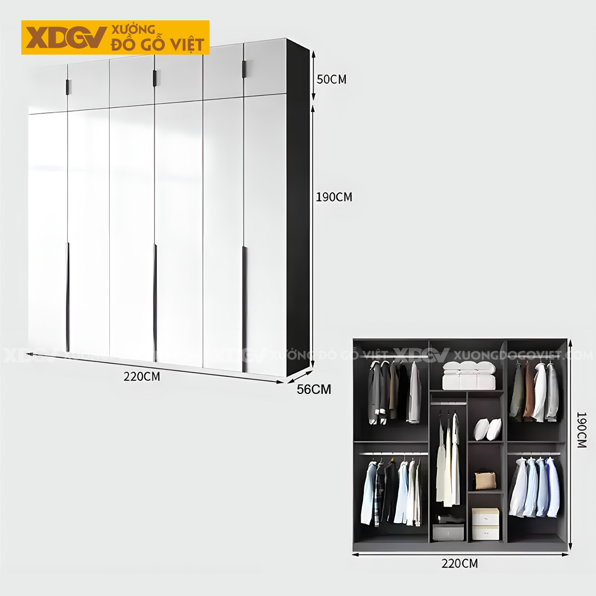 Tủ Áo Quần MDF Áp Trần Trắng Có Cánh Kính Màu Khung Nhôm Đen