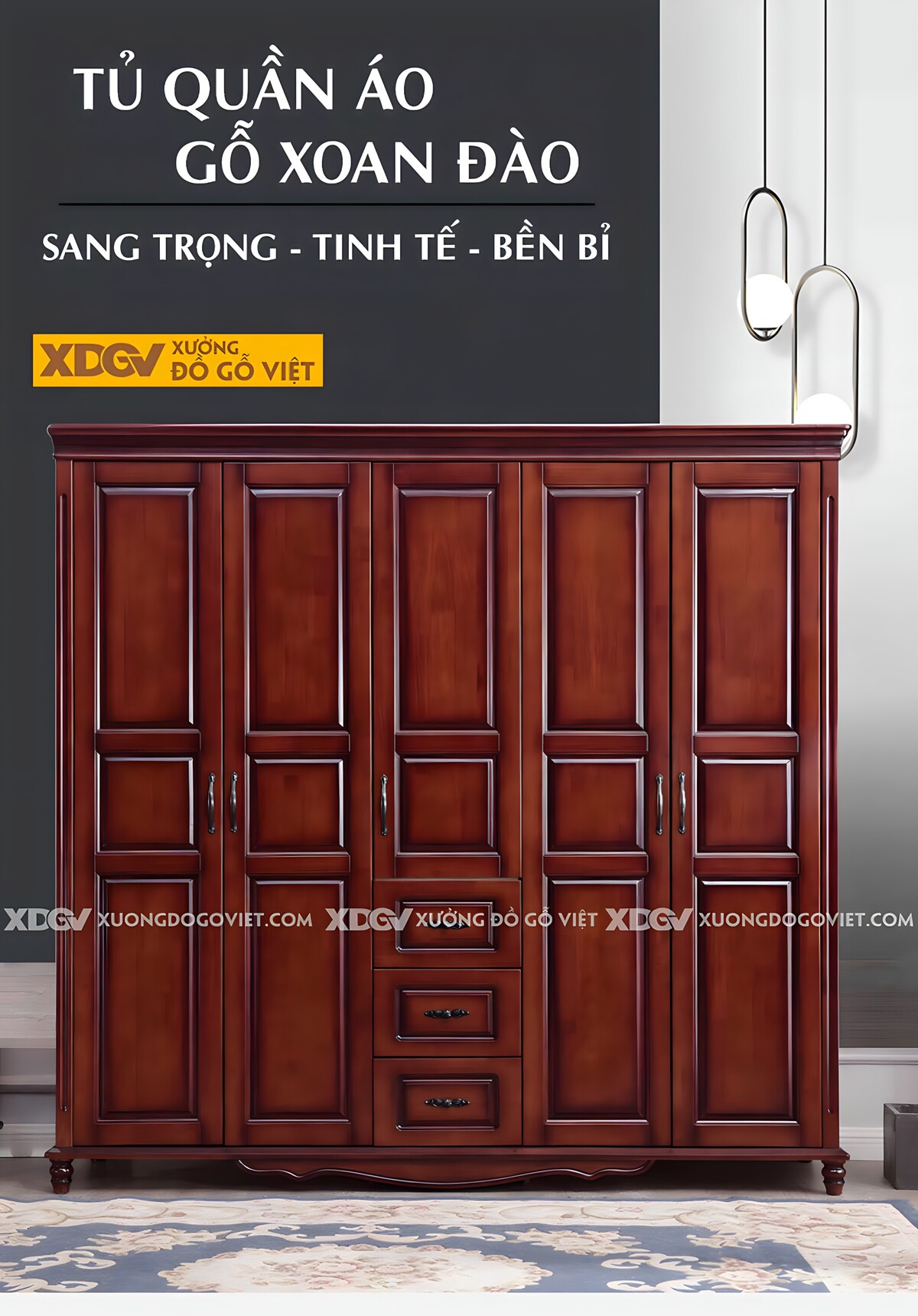 Tủ Áo Veneer Xoan Đào Cổ Điển 5 Cánh Pano Tay Nắm Kim Loại