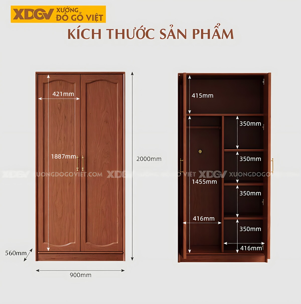 Tủ Áo Xoan Đào 4 Cánh Khung Pano Âm Kính Trắng Tay Kim Loại