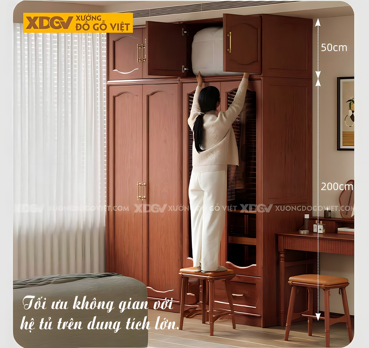 Tủ Áo Xoan Đào 4 Cánh Khung Pano Âm Kính Trắng Tay Kim Loại