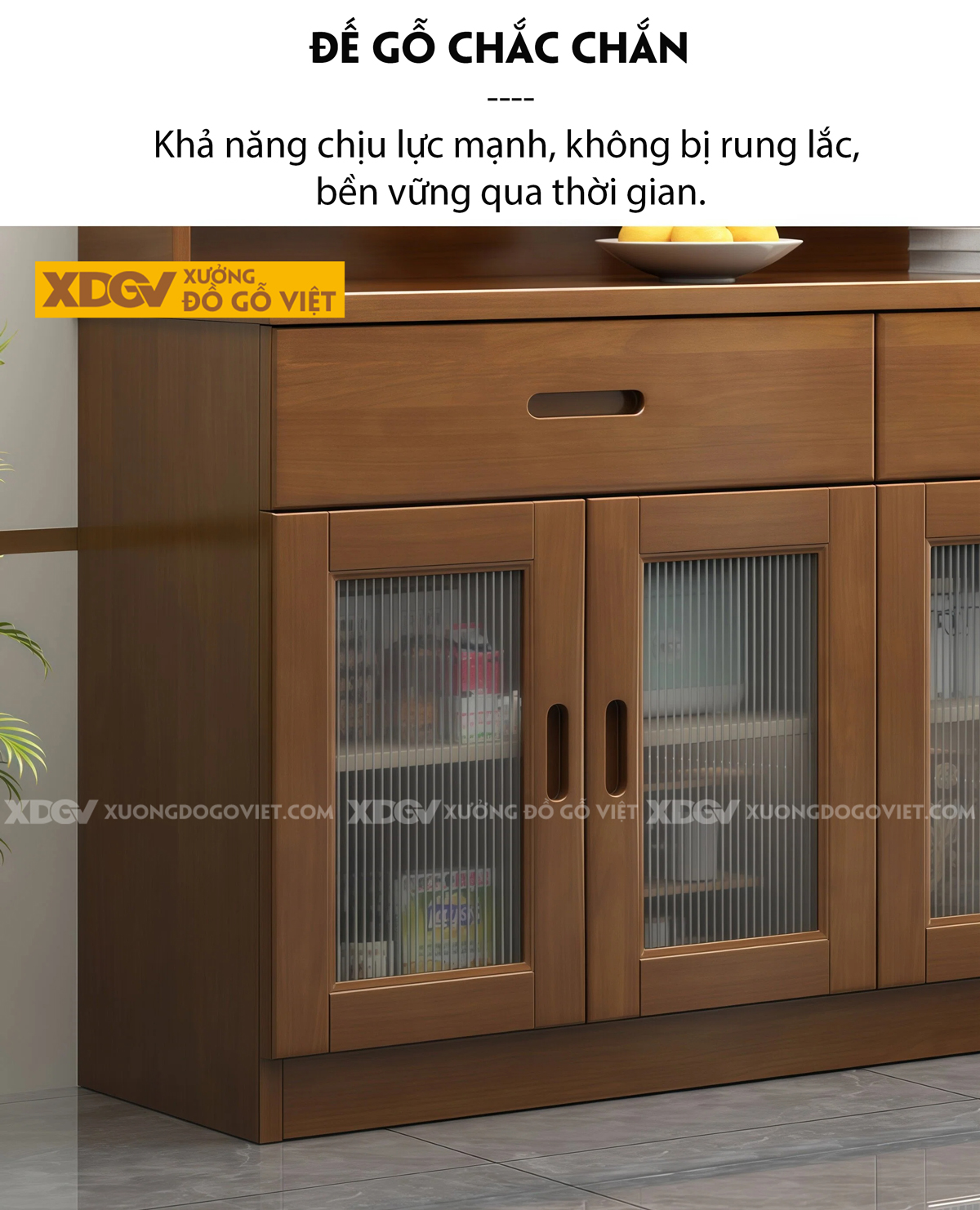 Tủ Chén Bát Gỗ Veneer Sồi Ngăn Kéo 4 Cánh Chân Bệt Nhỏ Gọn