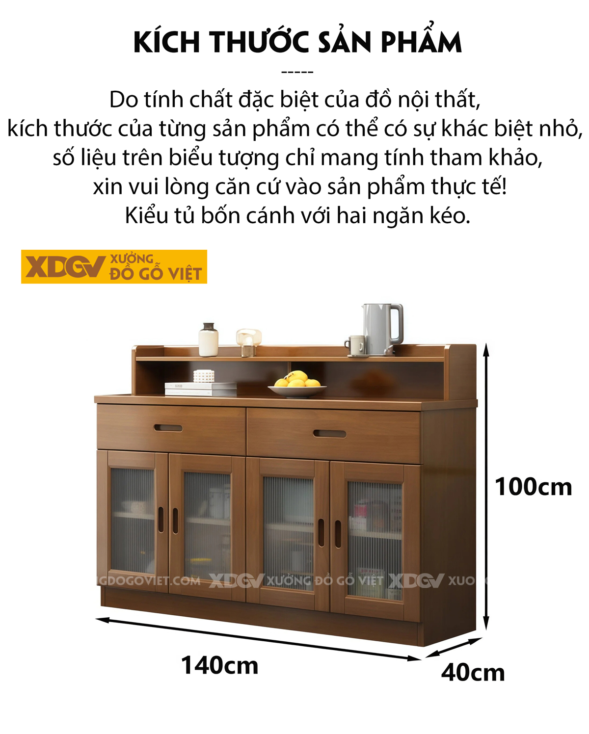 Tủ Chén Bát Gỗ Veneer Sồi Ngăn Kéo 4 Cánh Chân Bệt Nhỏ Gọn