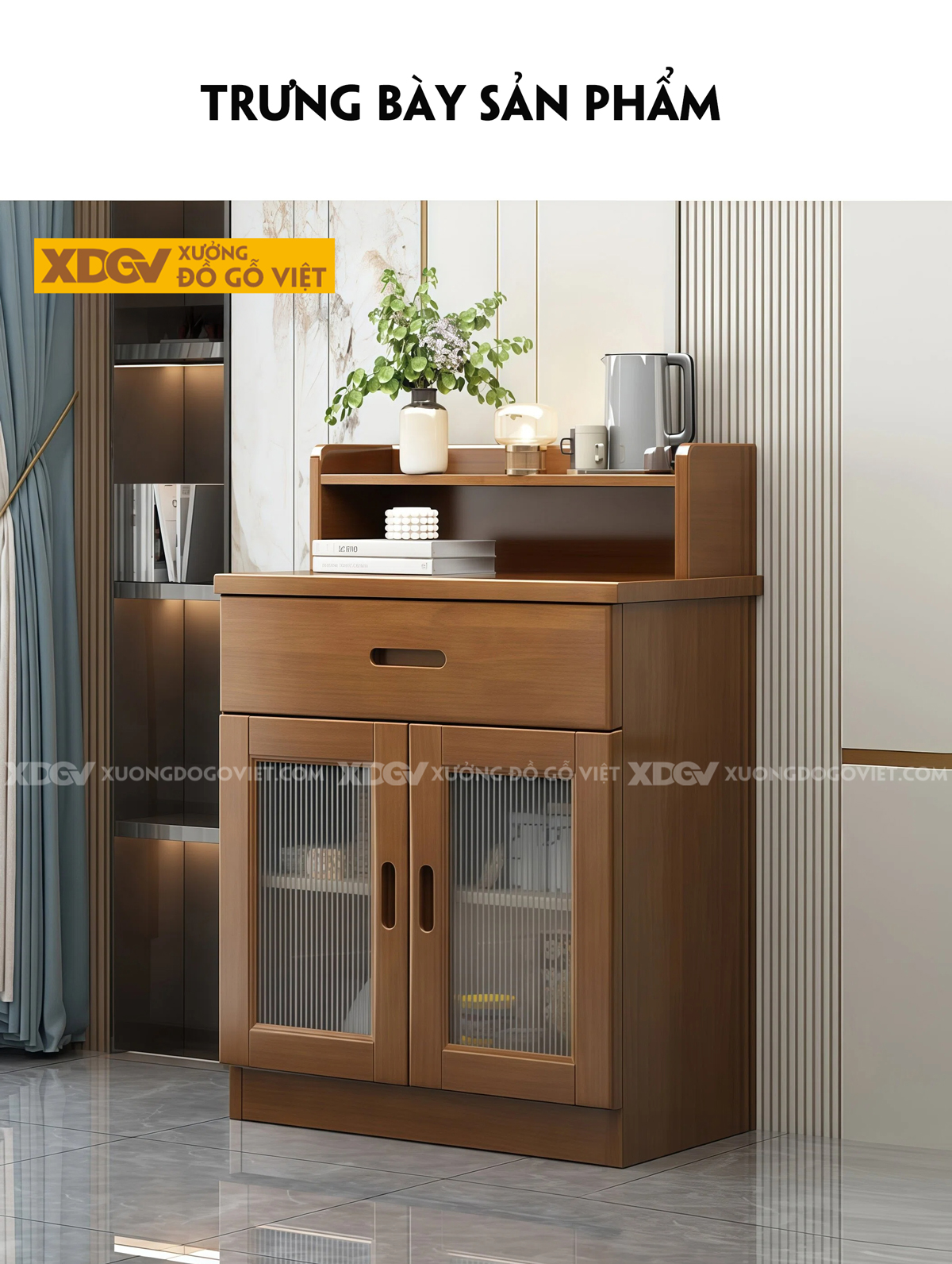 Tủ Chén Bát Gỗ Veneer Sồi Ngăn Kéo 4 Cánh Chân Bệt Nhỏ Gọn