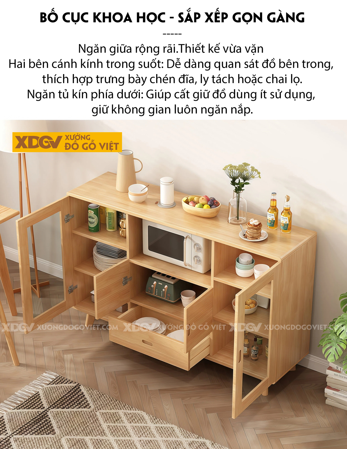 Tủ Chén Bát Nhà Bếp Gỗ Óc Chó Thiết Kế Cánh Kính Viên Thuốc