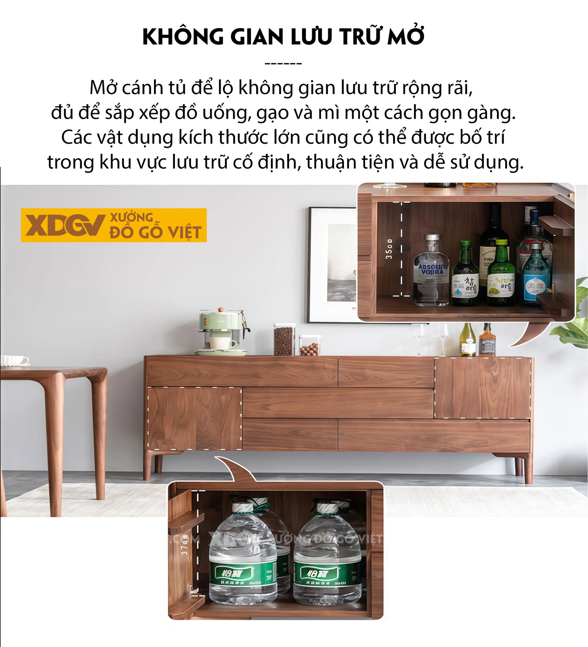 Tủ Để Chén Bát Gỗ Óc Chó Phòng Bếp Với Cánh Lùa Kèm Kính Sọc