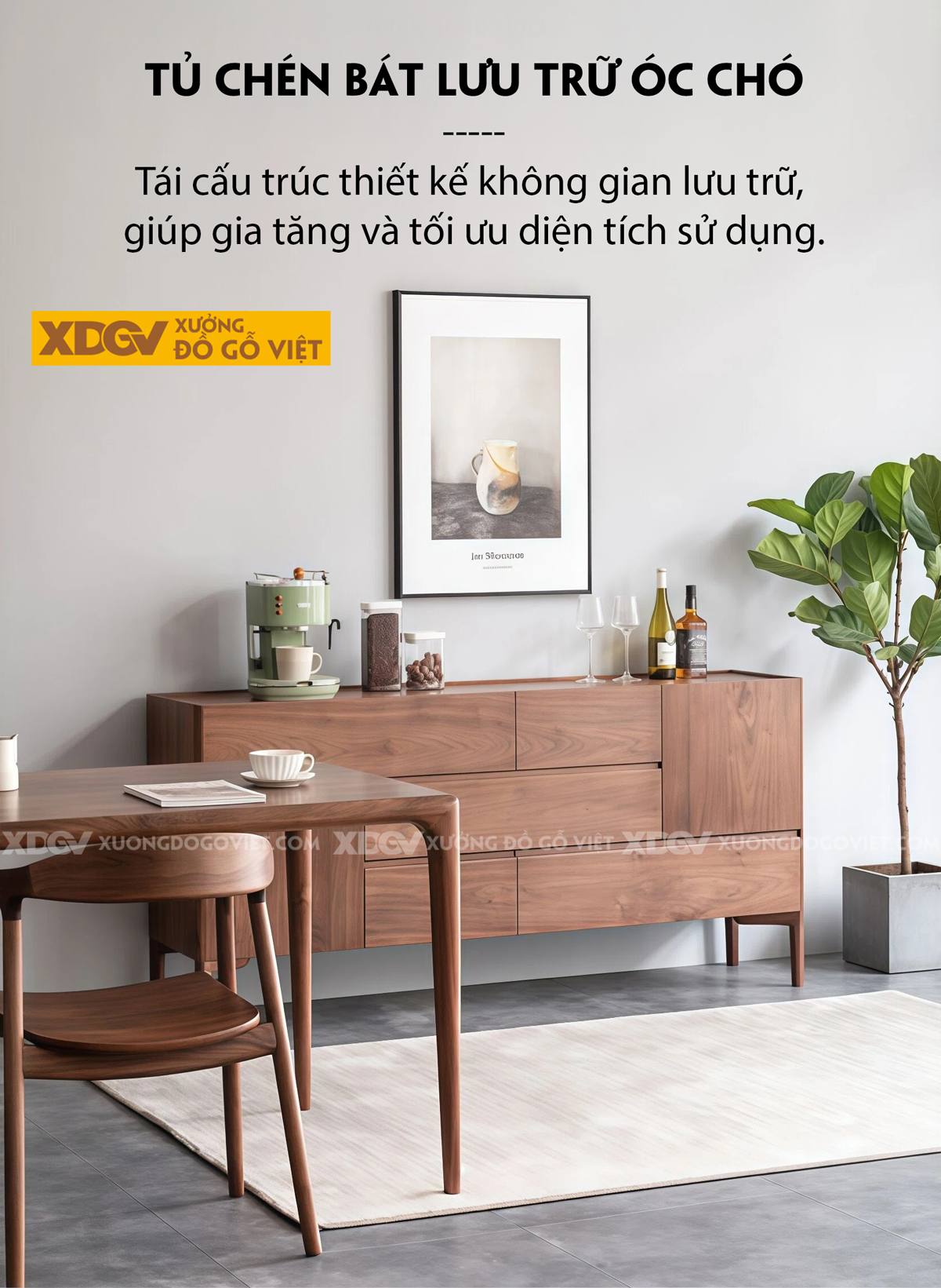 Tủ Để Chén Bát Gỗ Óc Chó Phòng Bếp Với Cánh Lùa Kèm Kính Sọc