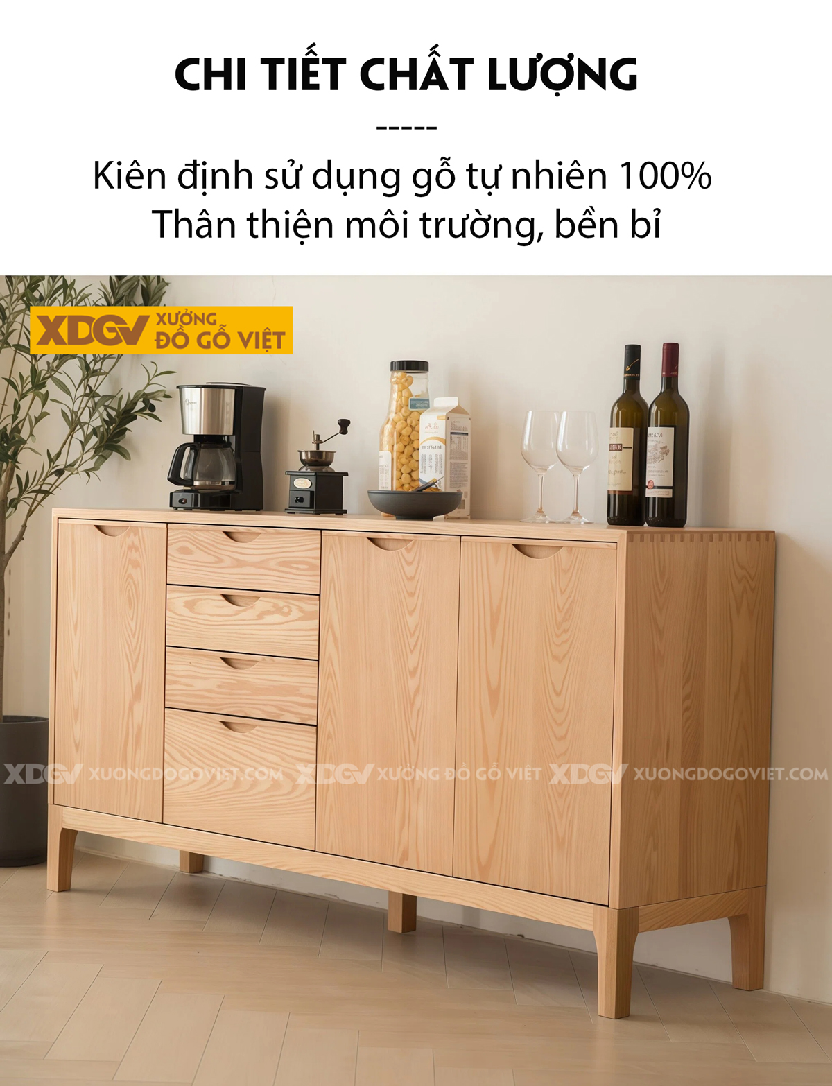 Tủ Để Chén Bát Phòng Bếp Cánh Lùa Phối Kính Sọc Kèm Ngăn Kéo