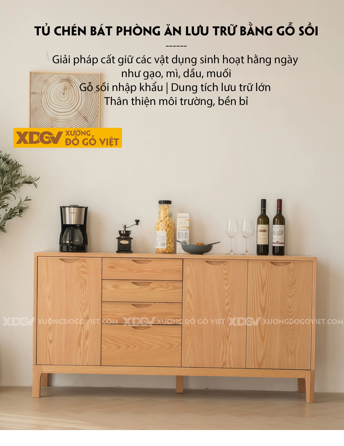 Tủ Để Chén Bát Phòng Bếp Cánh Lùa Phối Kính Sọc Kèm Ngăn Kéo