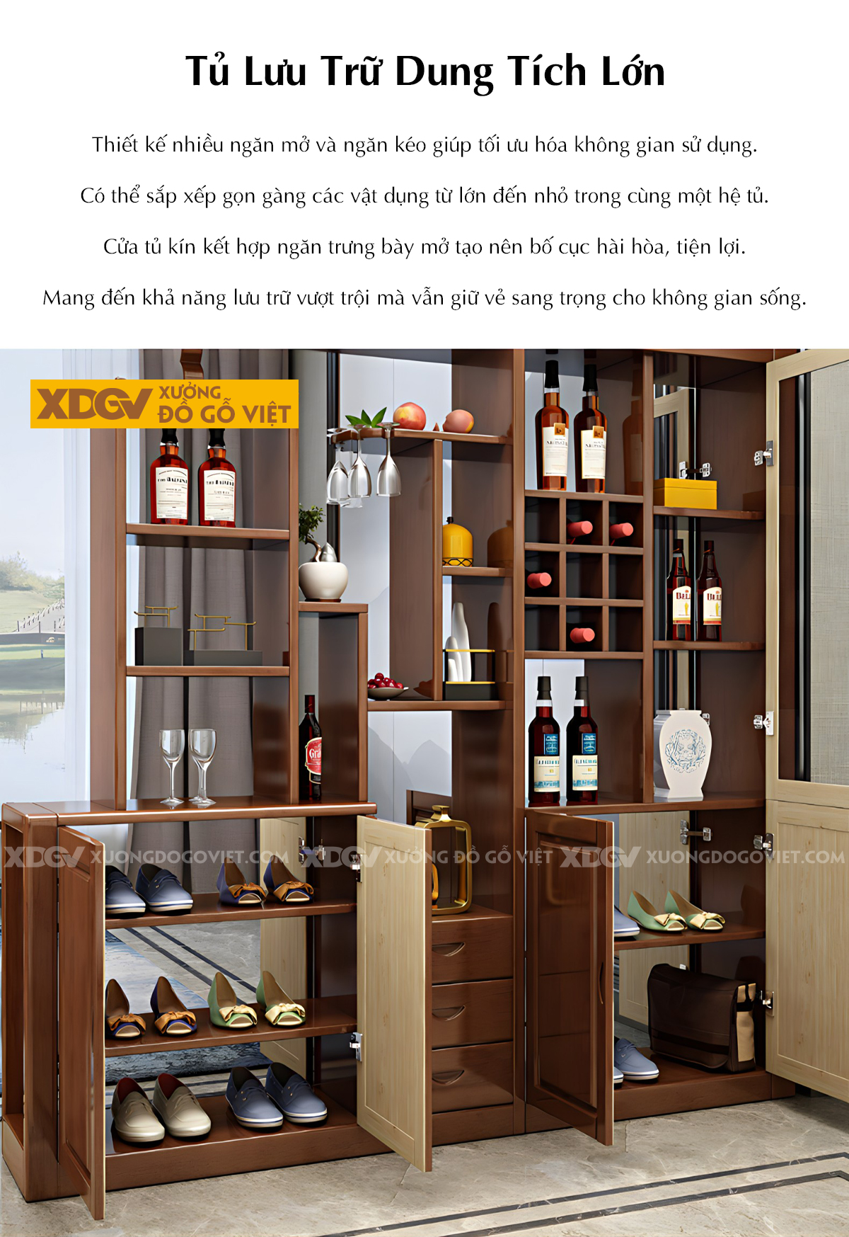 Tủ Để Rượu Gỗ Cao Su Đa Tầng Đa Kệ Phối Tủ Lưu Trữ Đa Cánh