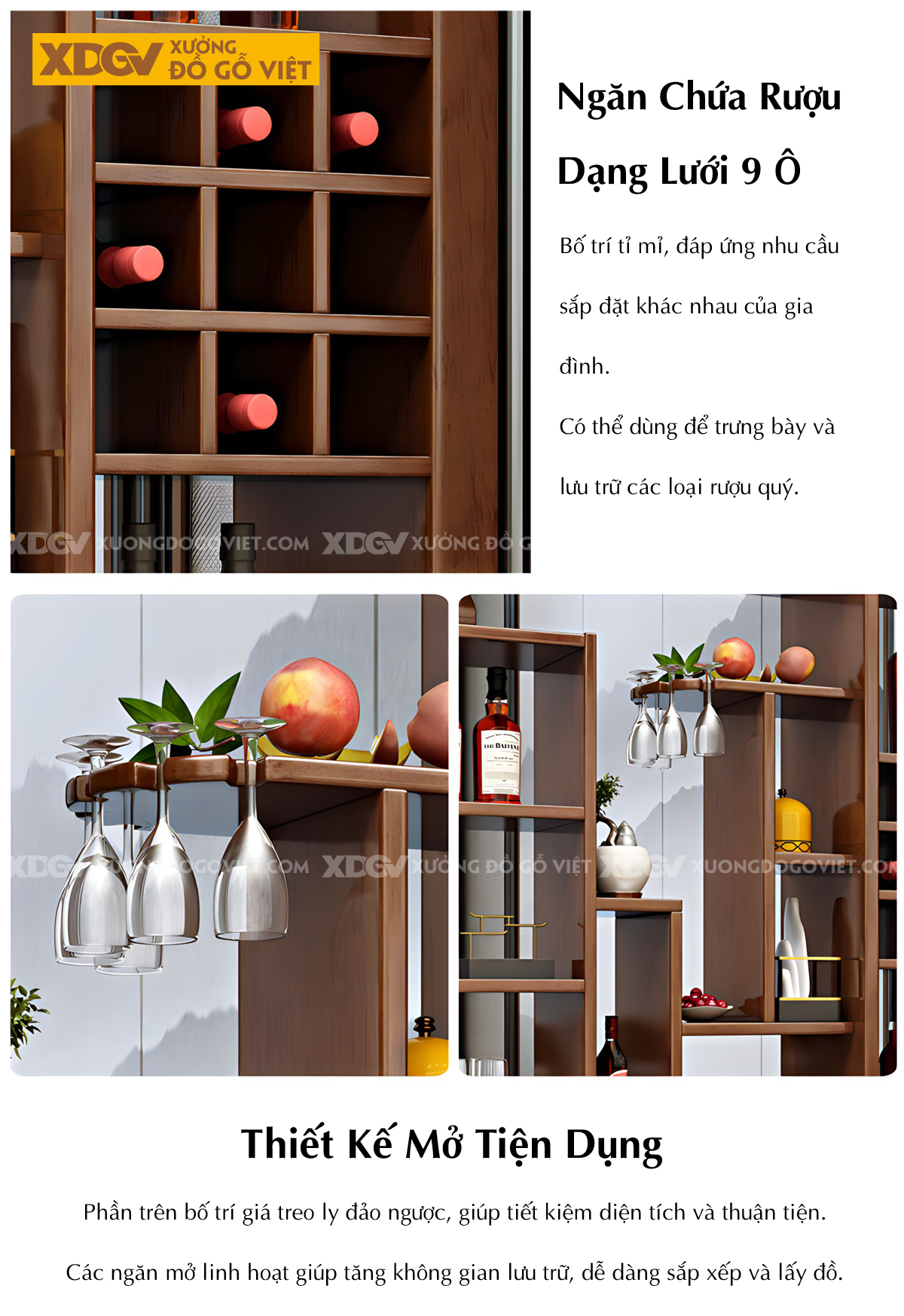 Tủ Để Rượu Gỗ Cao Su Đa Tầng Đa Kệ Phối Tủ Lưu Trữ Đa Cánh