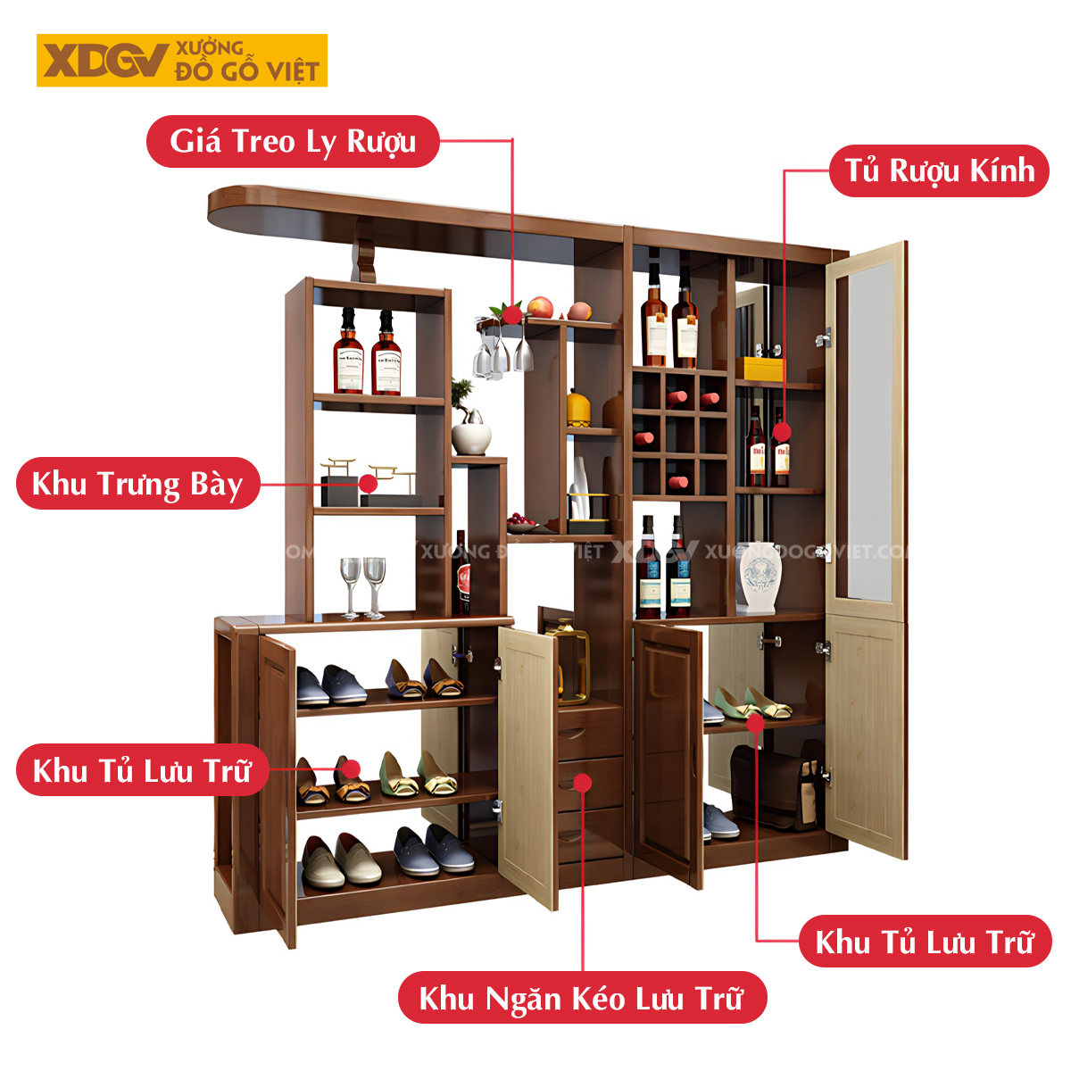 Tủ Để Rượu Gỗ Cao Su Đa Tầng Đa Kệ Phối Tủ Lưu Trữ Đa Cánh