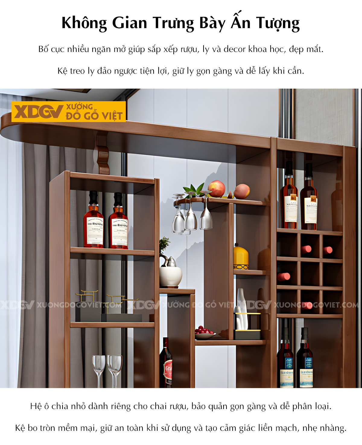 Tủ Để Rượu Gỗ Cao Su Đa Tầng Đa Kệ Phối Tủ Lưu Trữ Đa Cánh