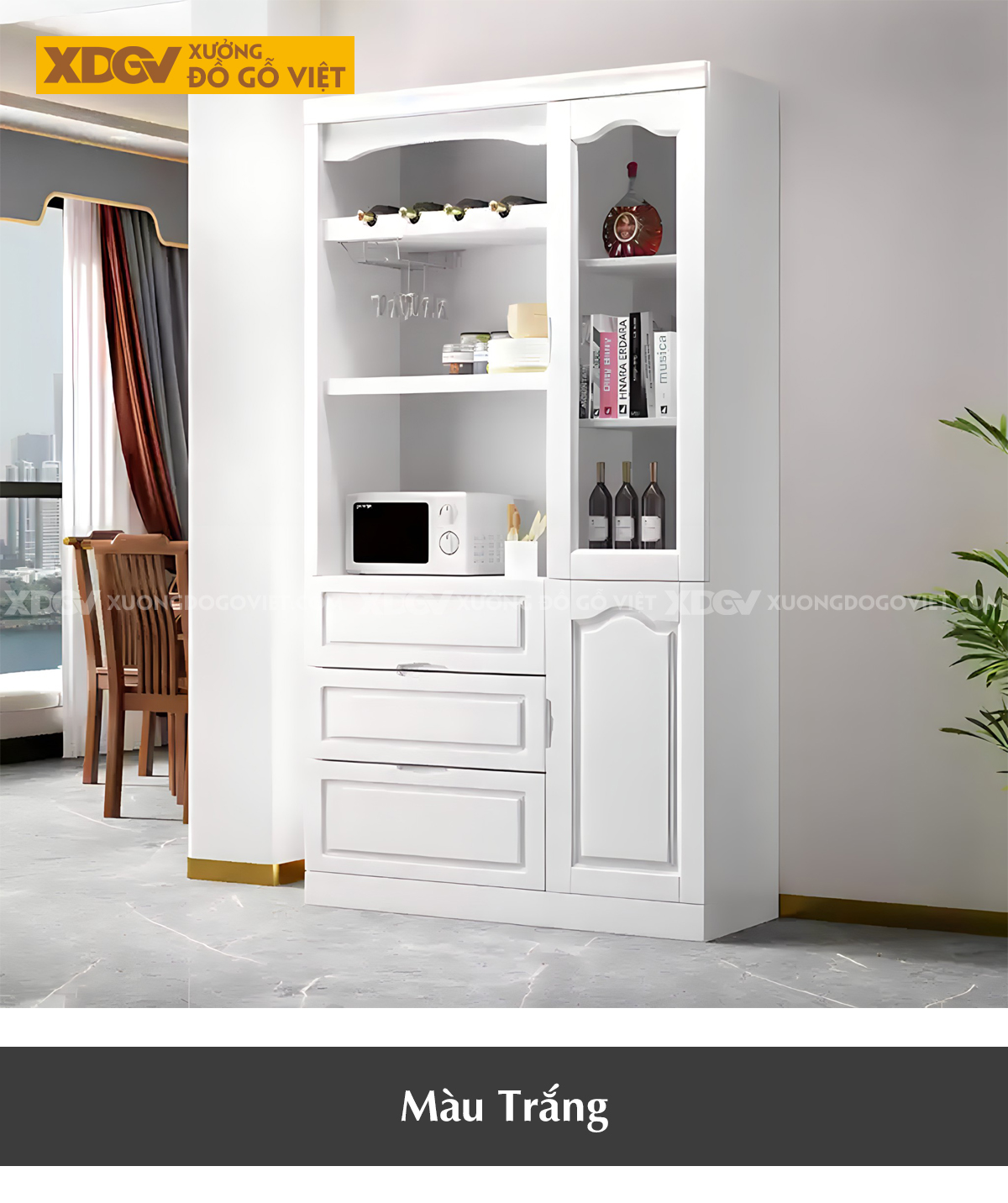 Tủ Để Rượu Phòng Khách Gỗ Cao Su Phối Hợp Cánh Kính Hiện Đại