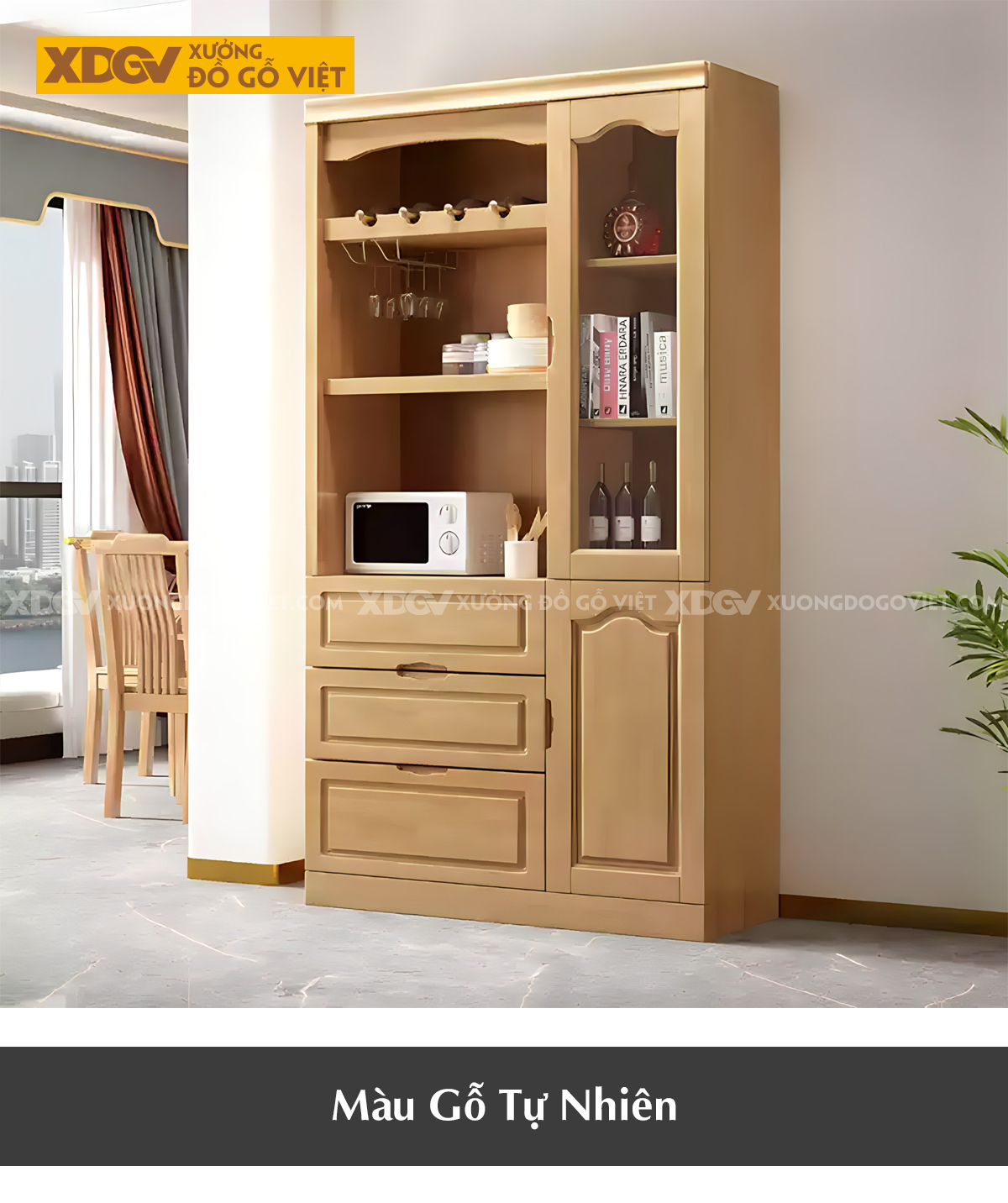 Tủ Để Rượu Phòng Khách Gỗ Cao Su Phối Hợp Cánh Kính Hiện Đại