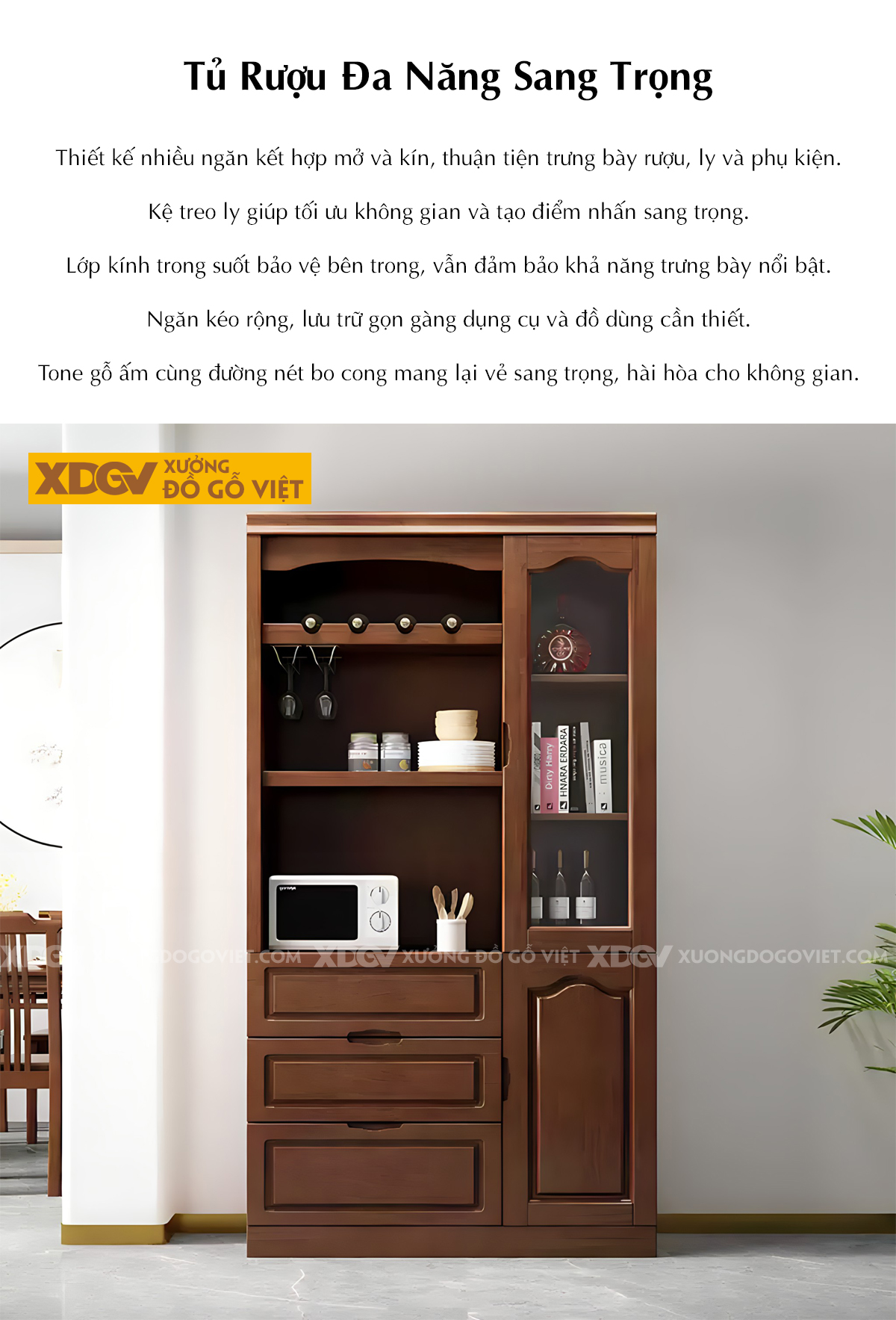 Tủ Để Rượu Phòng Khách Gỗ Cao Su Phối Hợp Cánh Kính Hiện Đại