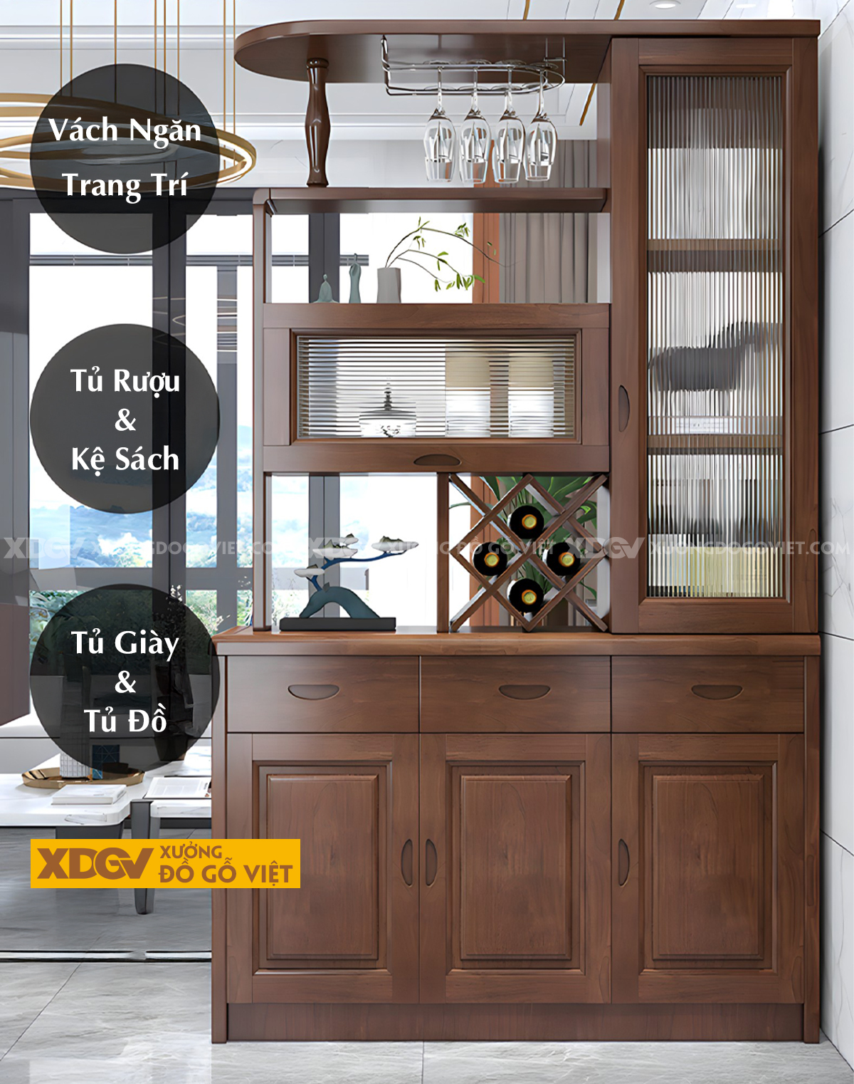 Tủ Để Rượu Trưng Bày Gỗ Cao Su Hiện Đại Kết Hợp Kính Sọc Mờ