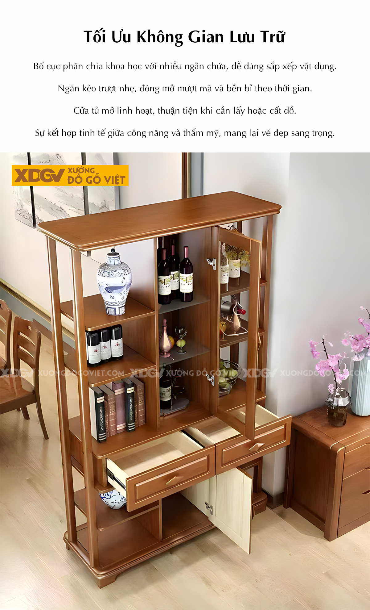 Tủ Để Rượu Trưng Bày Gỗ Cao Su Tân Cổ Điển Tủ Kính Trung Tâm