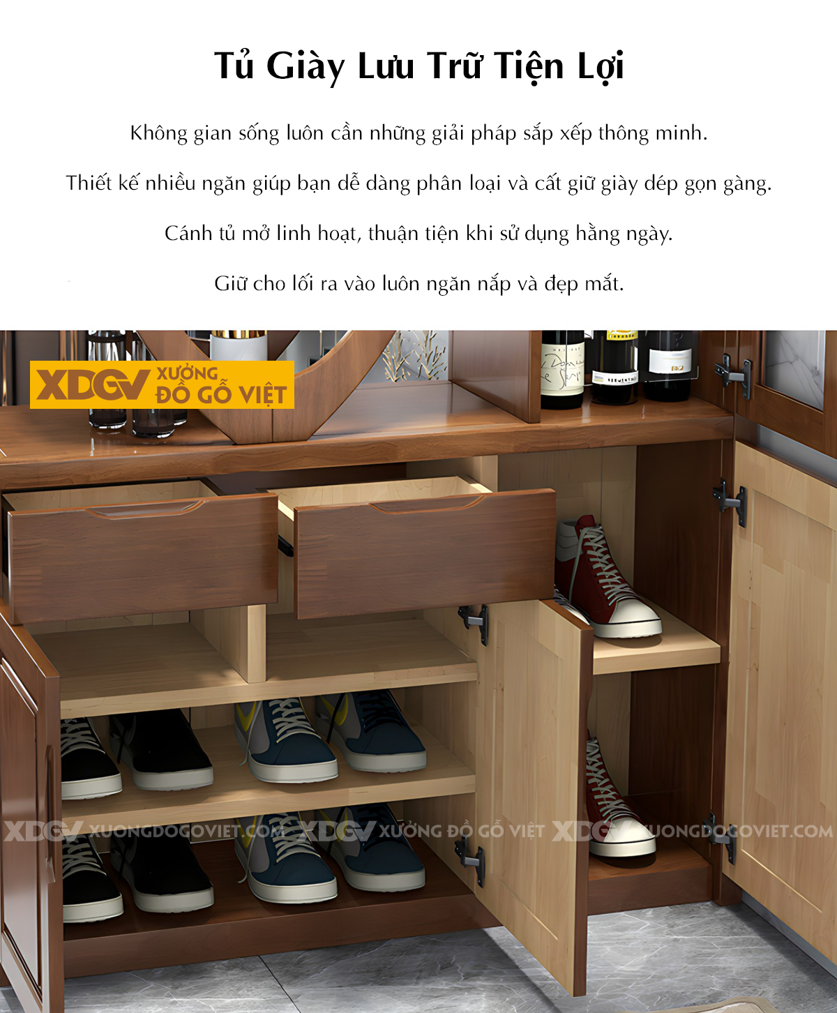 Tủ Để Rượu Trưng Bày Phòng Khách Gỗ Cao Su Vách Ngăn Kệ Oval