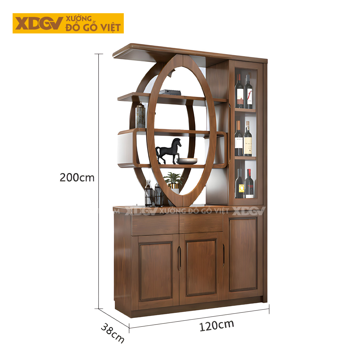 Tủ Để Rượu Trưng Bày Phòng Khách Gỗ Cao Su Vách Ngăn Kệ Oval