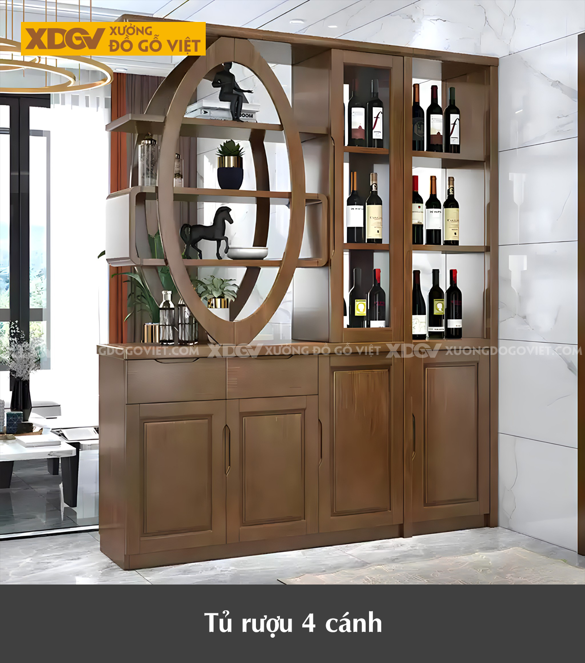 Tủ Để Rượu Trưng Bày Phòng Khách Gỗ Cao Su Vách Ngăn Kệ Oval