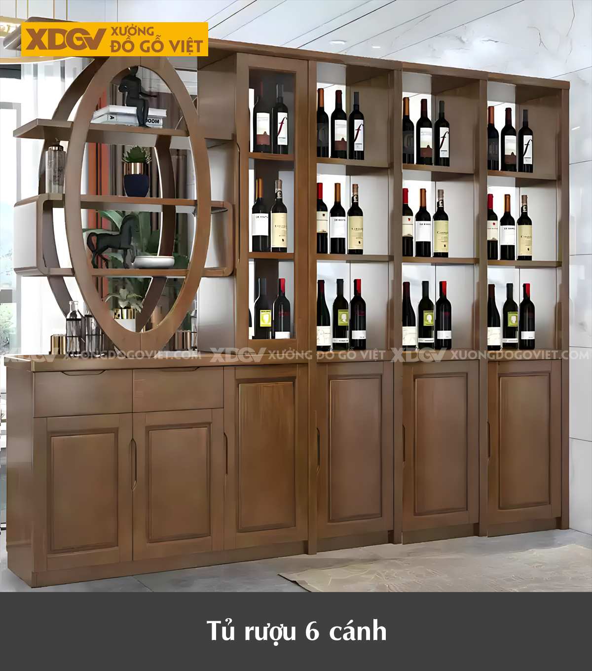 Tủ Để Rượu Trưng Bày Phòng Khách Gỗ Cao Su Vách Ngăn Kệ Oval