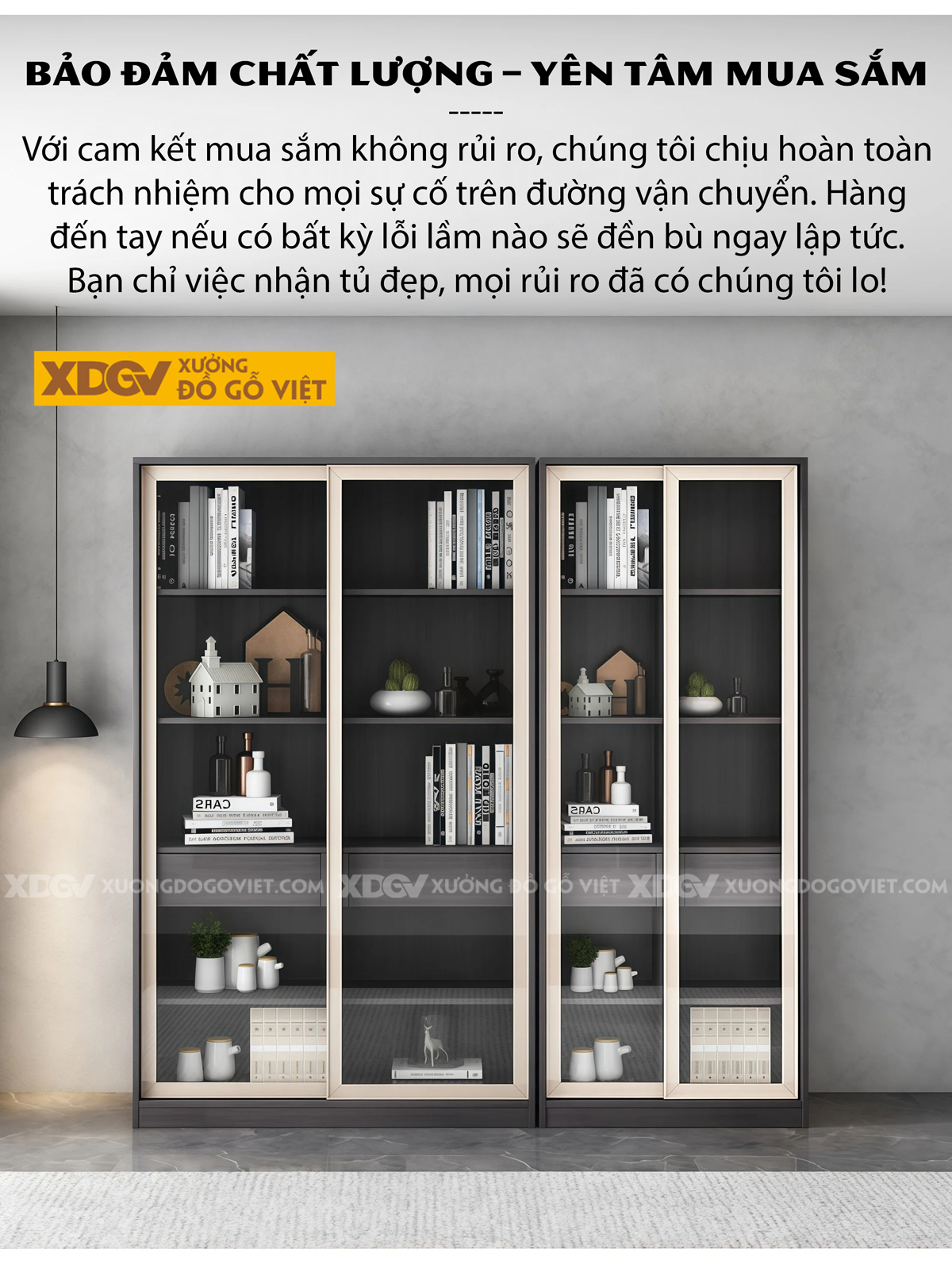 Tủ Để Sách Gỗ MDF Chân Côn Kệ Mở Trung Tâm Phối Cánh Kính