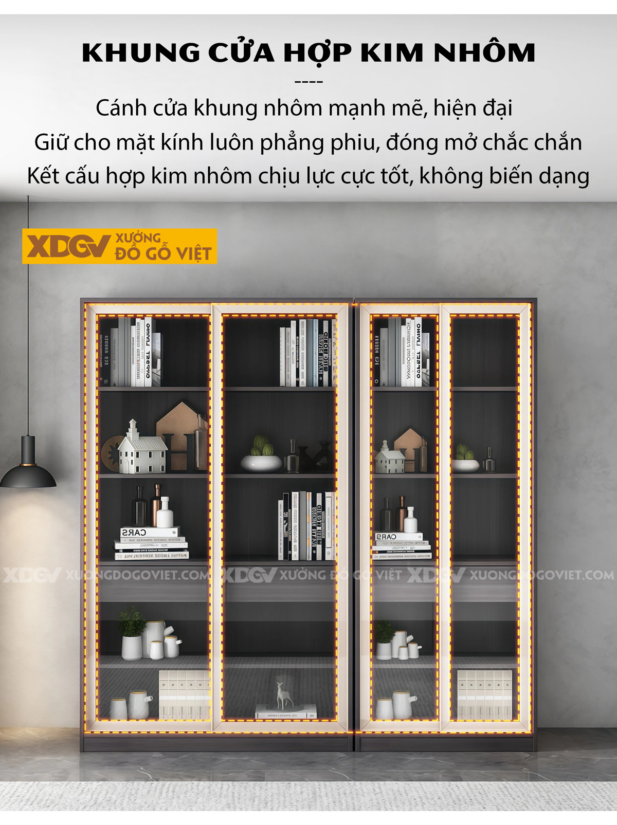 Tủ Để Sách Gỗ MDF Chân Côn Kệ Mở Trung Tâm Phối Cánh Kính