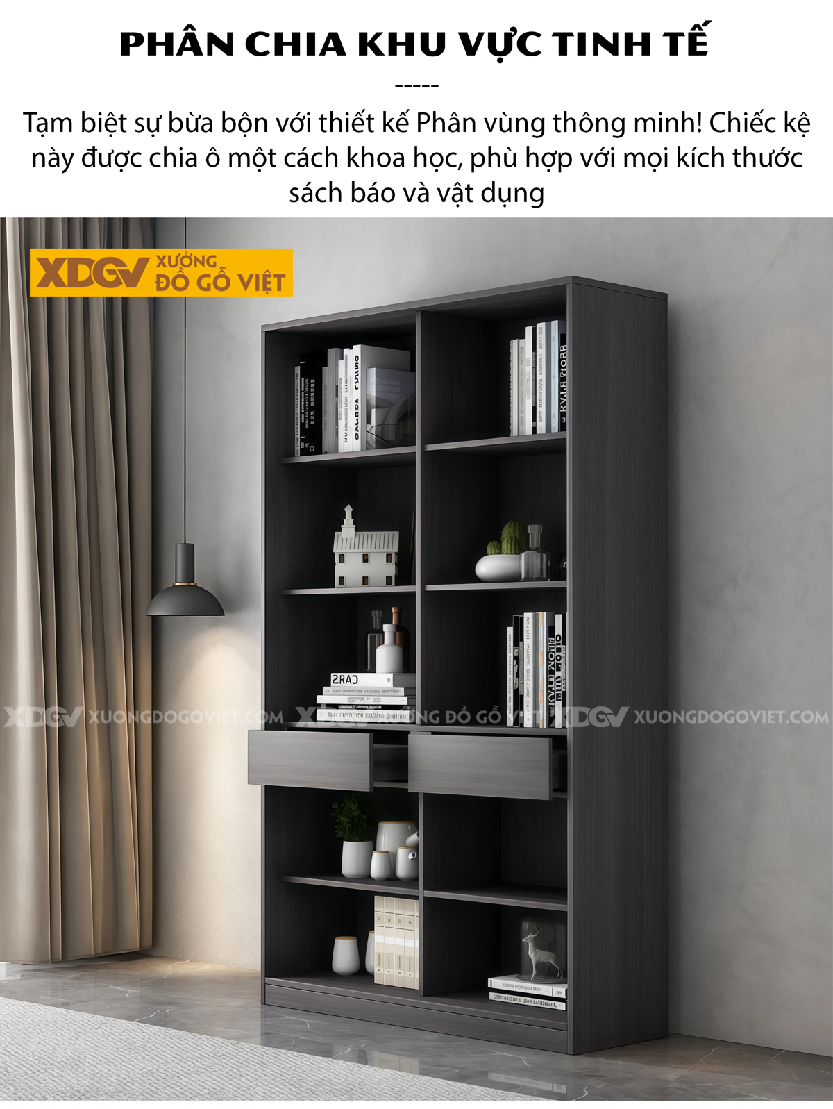 Tủ Để Sách Gỗ MDF Chân Côn Kệ Mở Trung Tâm Phối Cánh Kính