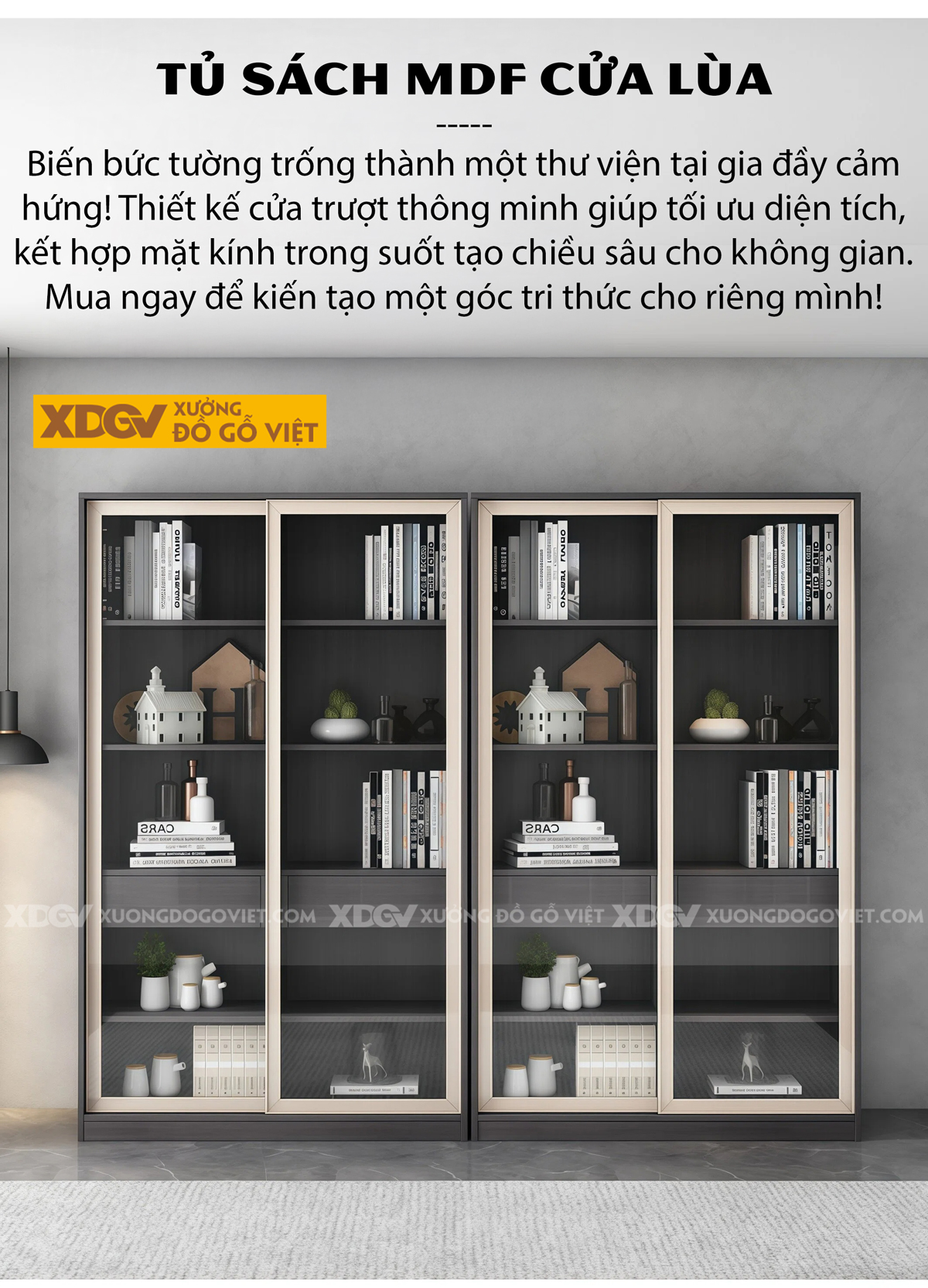 Tủ Để Sách Gỗ MDF Chân Côn Kệ Mở Trung Tâm Phối Cánh Kính