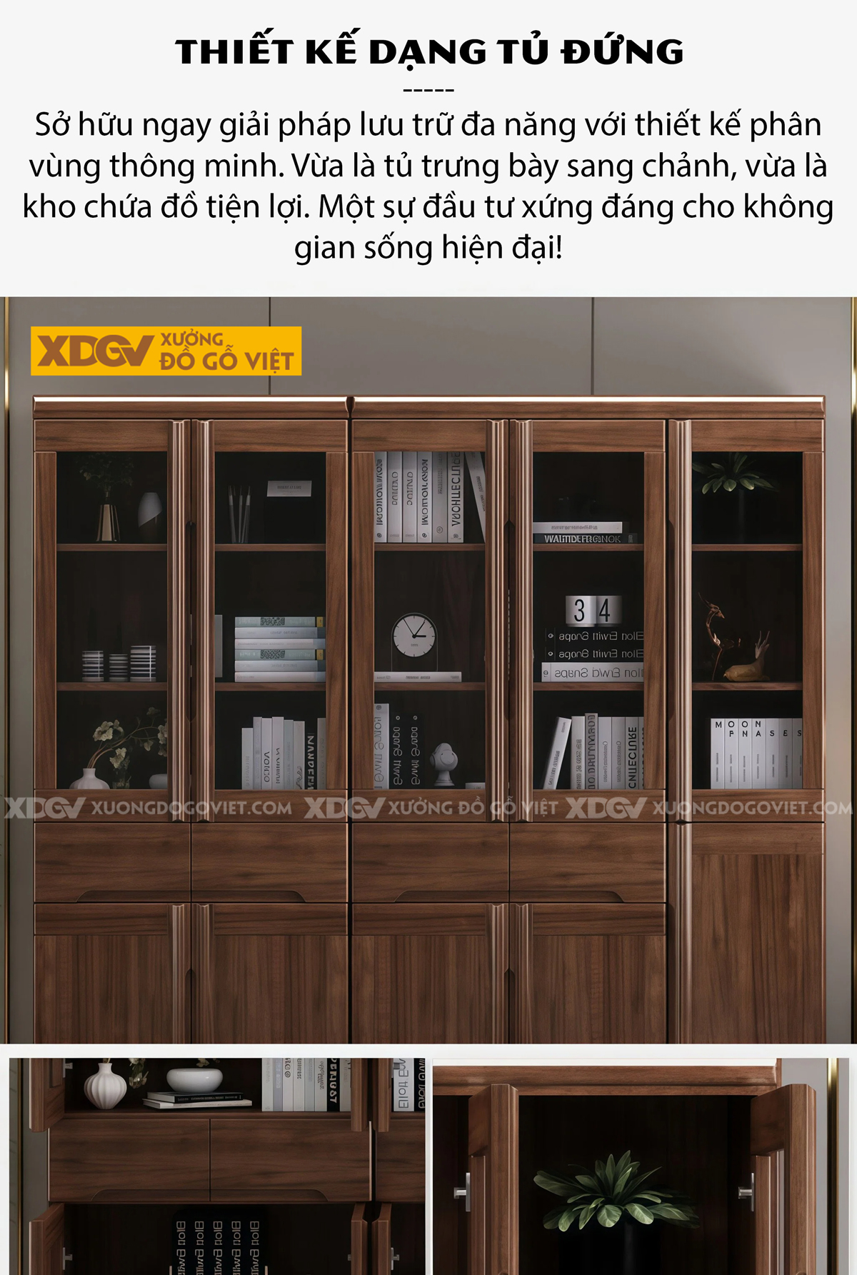 Tủ Để Sách Gỗ Óc Chó Phối Cánh Kính Kèm Tay Nắm Âm Tinh Tế