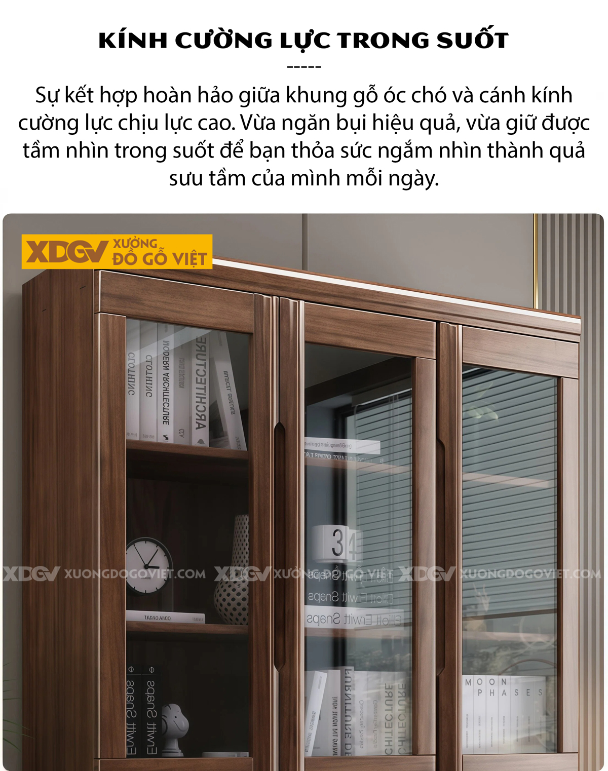 Tủ Để Sách Gỗ Óc Chó Phối Cánh Kính Kèm Tay Nắm Âm Tinh Tế