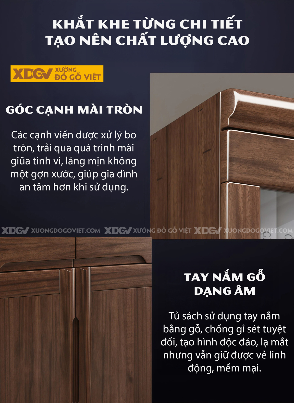 Tủ Để Sách Gỗ Óc Chó Phối Cánh Kính Kèm Tay Nắm Âm Tinh Tế